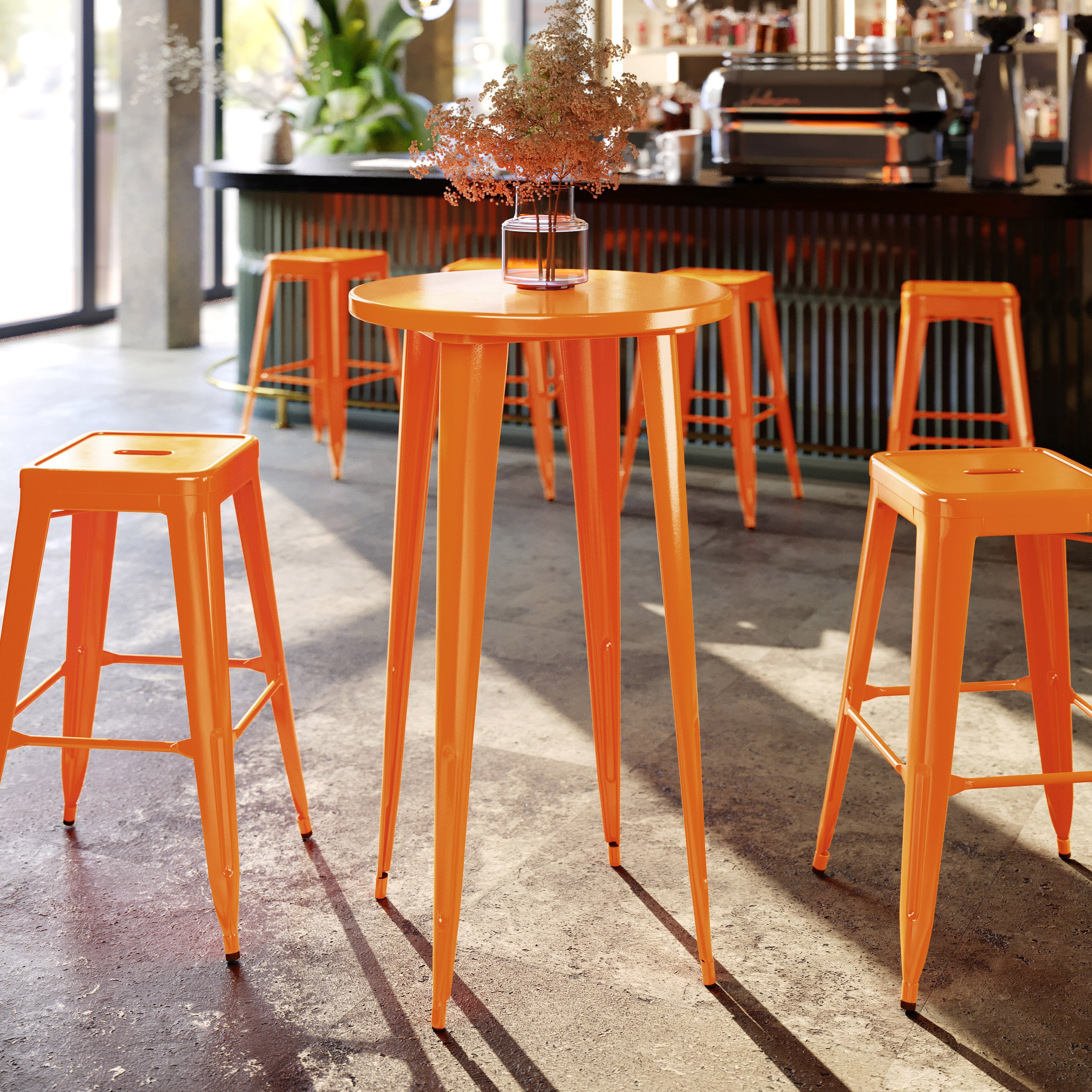 James Commercial Grade 24" Round Orange Metal Indoor-Outdoor Bar Height Table