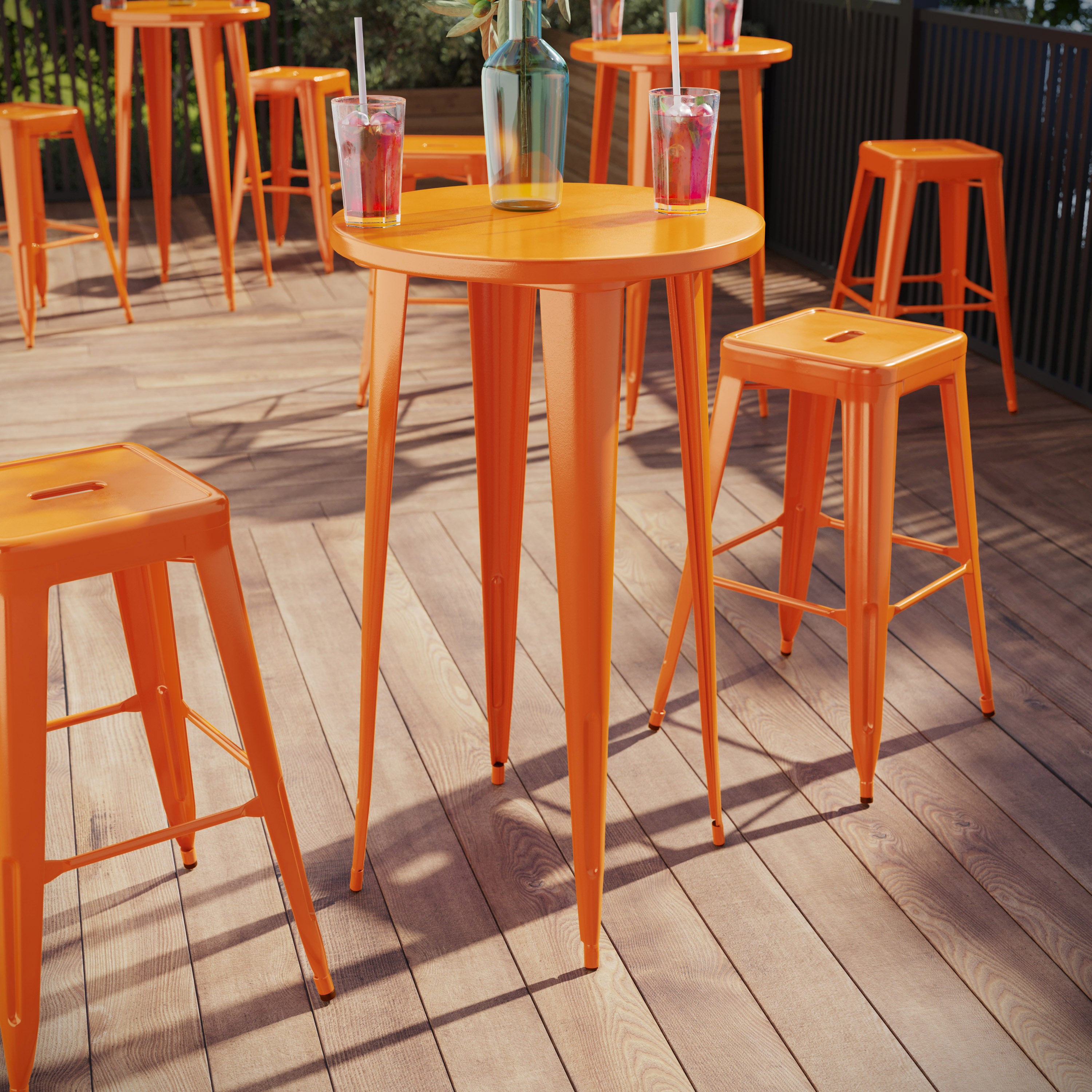 James Commercial Grade 24" Round Orange Metal Indoor-Outdoor Bar Height Table