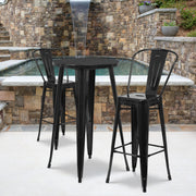 Nichols Commercial Grade 24" Round Black Metal Indoor-Outdoor Bar Table Set with 2 Cafe Stools