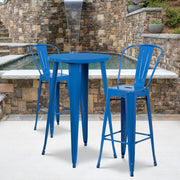 Nichols Commercial Grade 24" Round Blue Metal Indoor-Outdoor Bar Table Set with 2 Cafe Stools