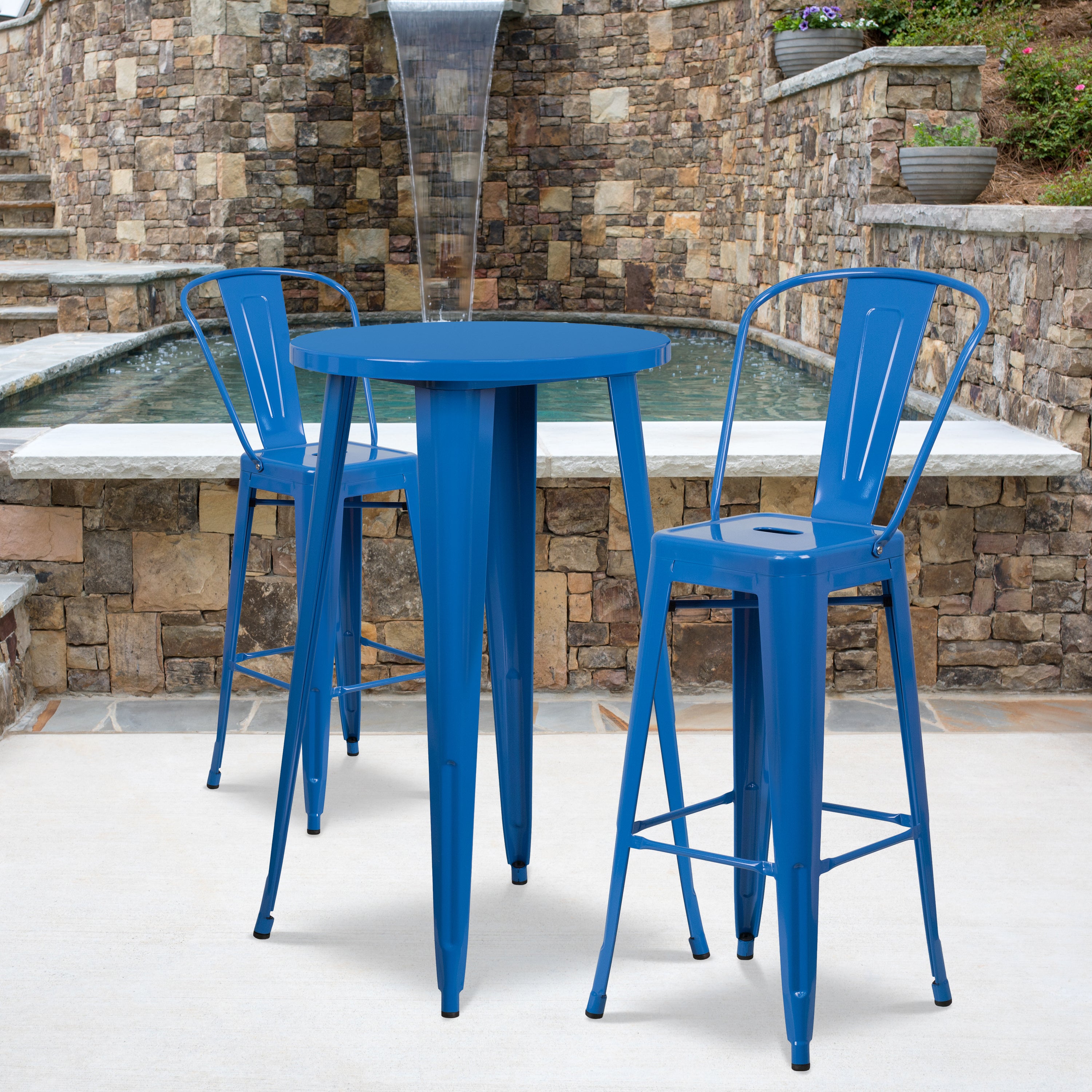 Nichols Commercial Grade 24" Round Blue Metal Indoor-Outdoor Bar Table Set with 2 Cafe Stools