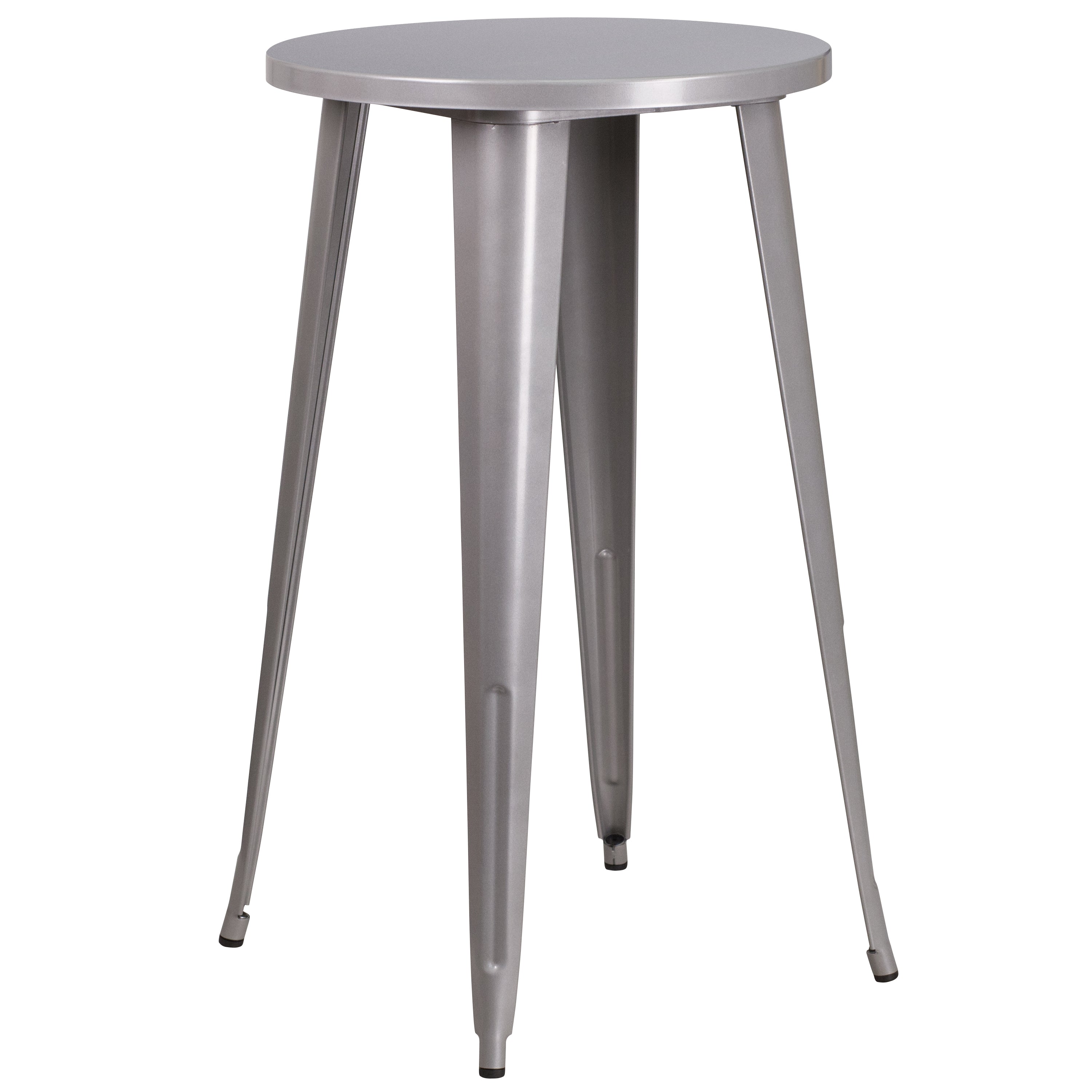Nichols Commercial Grade 24" Round Silver Metal Indoor-Outdoor Bar Table Set with 2 Cafe Stools