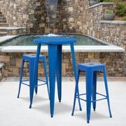 Douglas Commercial Grade 24" Round Blue Metal Indoor-Outdoor Bar Table Set with 2 Square Seat Backless Stools