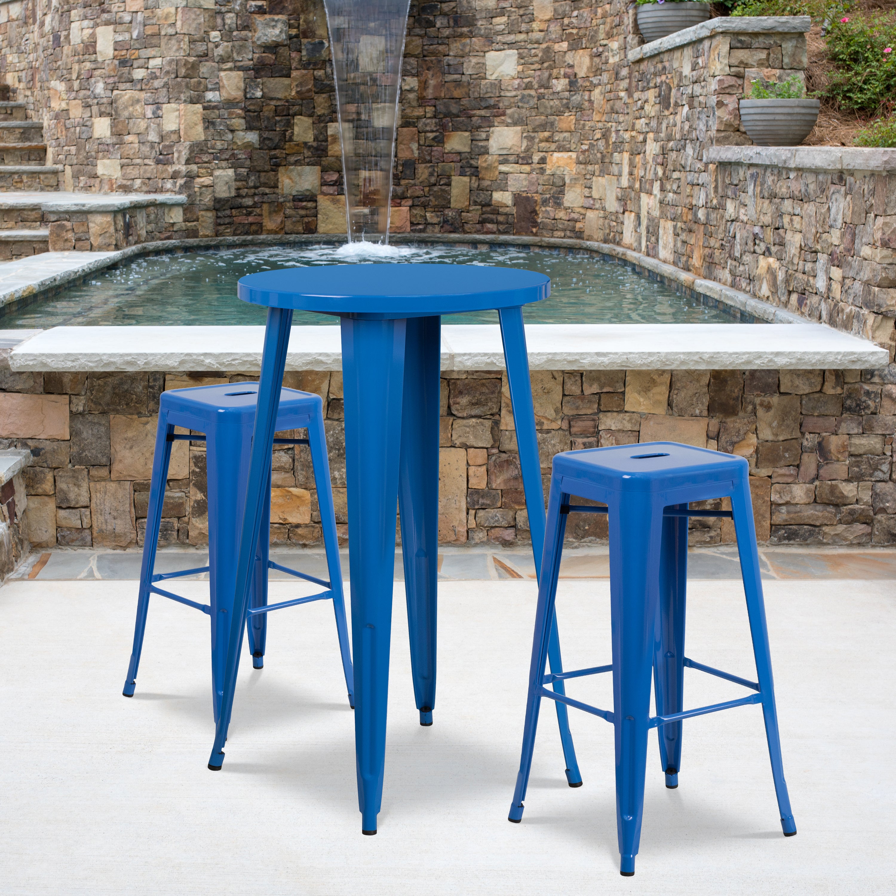 Douglas Commercial Grade 24" Round Blue Metal Indoor-Outdoor Bar Table Set with 2 Square Seat Backless Stools
