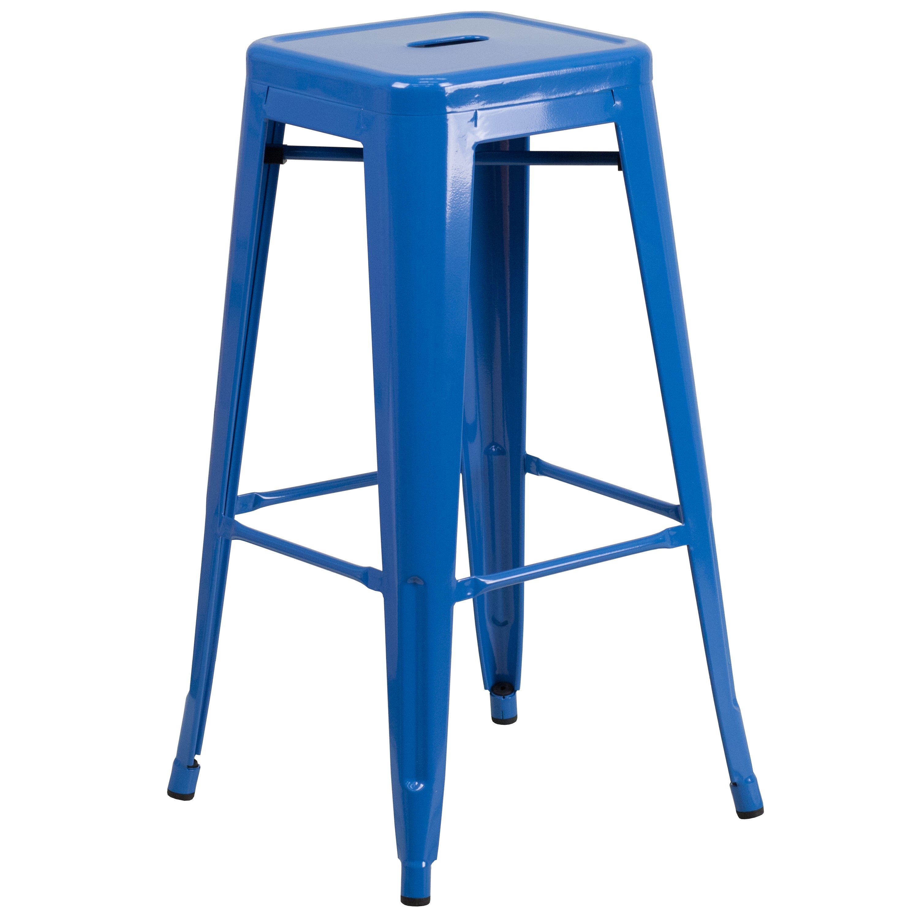 Douglas Commercial Grade 24" Round Blue Metal Indoor-Outdoor Bar Table Set with 2 Square Seat Backless Stools