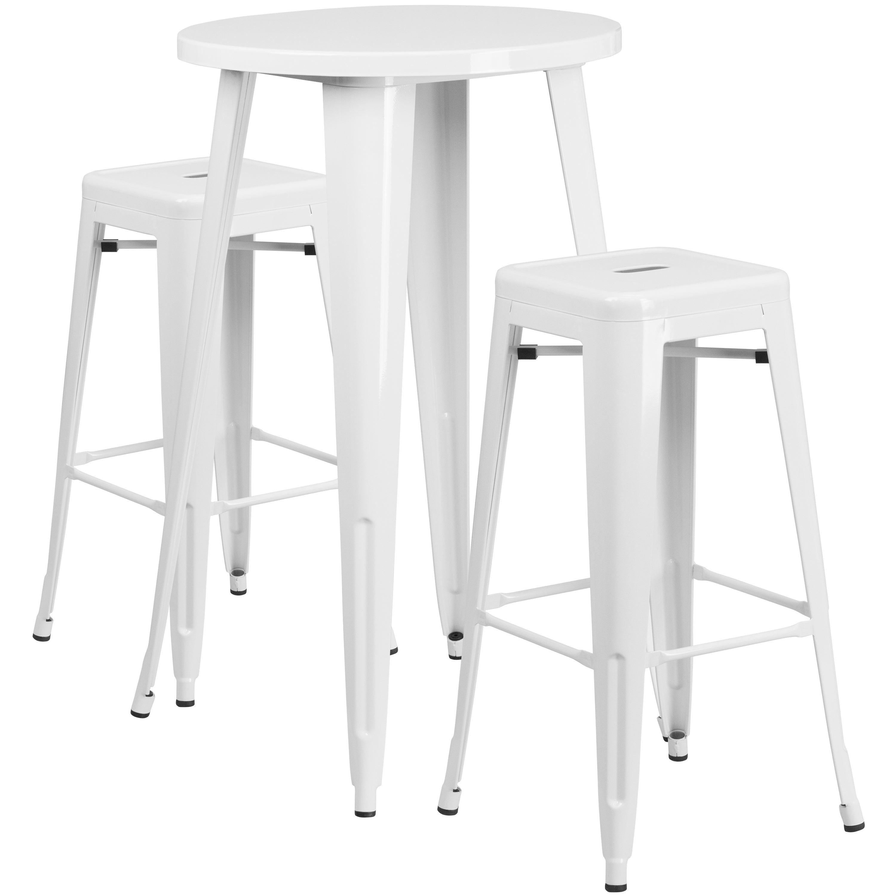 Douglas Commercial Grade 24" Round White Metal Indoor-Outdoor Bar Table Set with 2 Square Seat Backless Stools