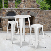 Douglas Commercial Grade 24" Round White Metal Indoor-Outdoor Bar Table Set with 2 Square Seat Backless Stools