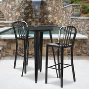 Earl Commercial Grade 24" Round Black Metal Indoor-Outdoor Bar Table Set with 2 Vertical Slat Back Stools