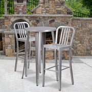 Earl Commercial Grade 24" Round Silver Metal Indoor-Outdoor Bar Table Set with 2 Vertical Slat Back Stools