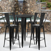 Dexter Commercial Grade 24" Round Black Metal Indoor-Outdoor Bar Table Set with 4 Cafe Stools