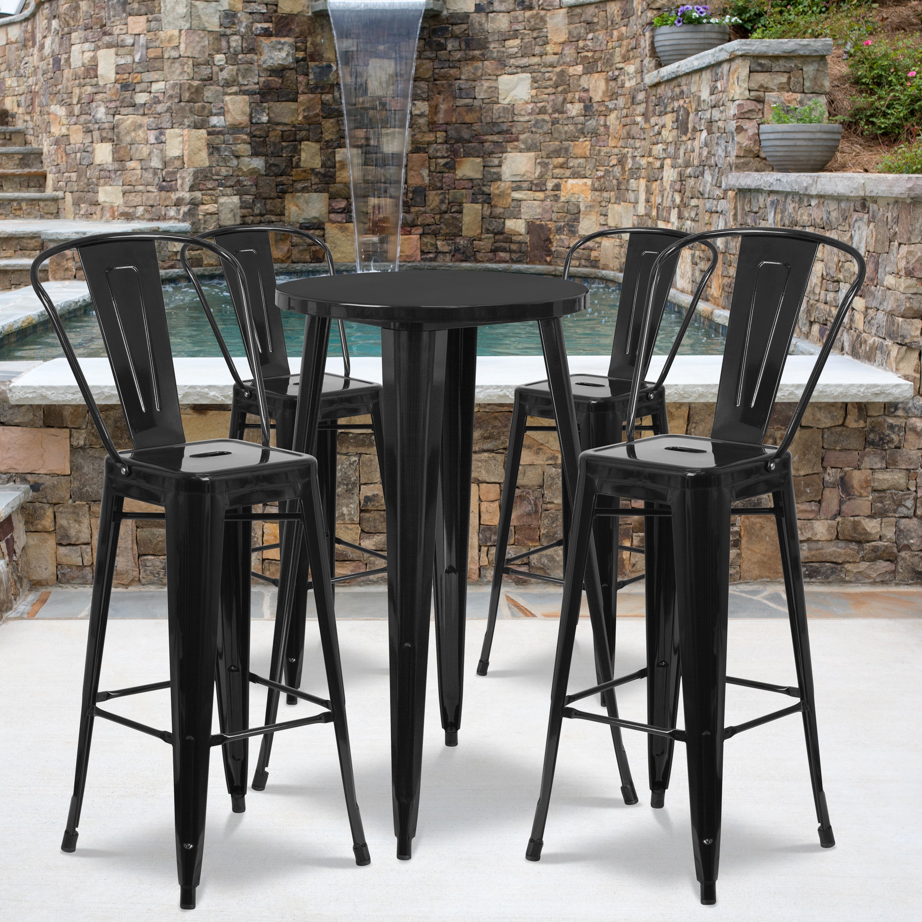 Dexter Commercial Grade 24" Round Black Metal Indoor-Outdoor Bar Table Set with 4 Cafe Stools