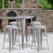 Ormsby Commercial Grade 24" Round Silver Metal Indoor-Outdoor Bar Table Set with 4 Square Seat Backless Stools