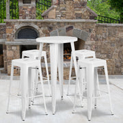 Ormsby Commercial Grade 24" Round White Metal Indoor-Outdoor Bar Table Set with 4 Square Seat Backless Stools