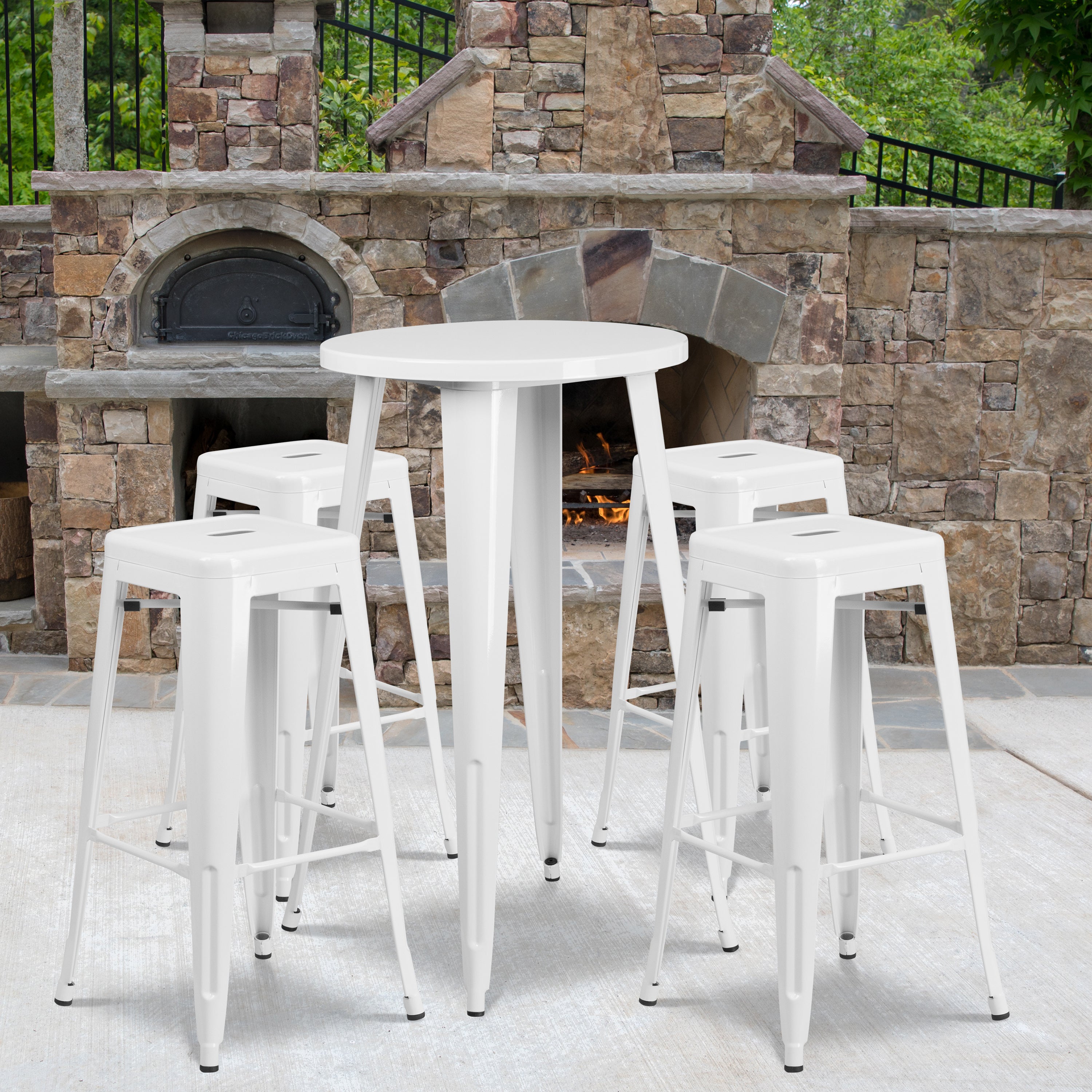 Ormsby Commercial Grade 24" Round White Metal Indoor-Outdoor Bar Table Set with 4 Square Seat Backless Stools