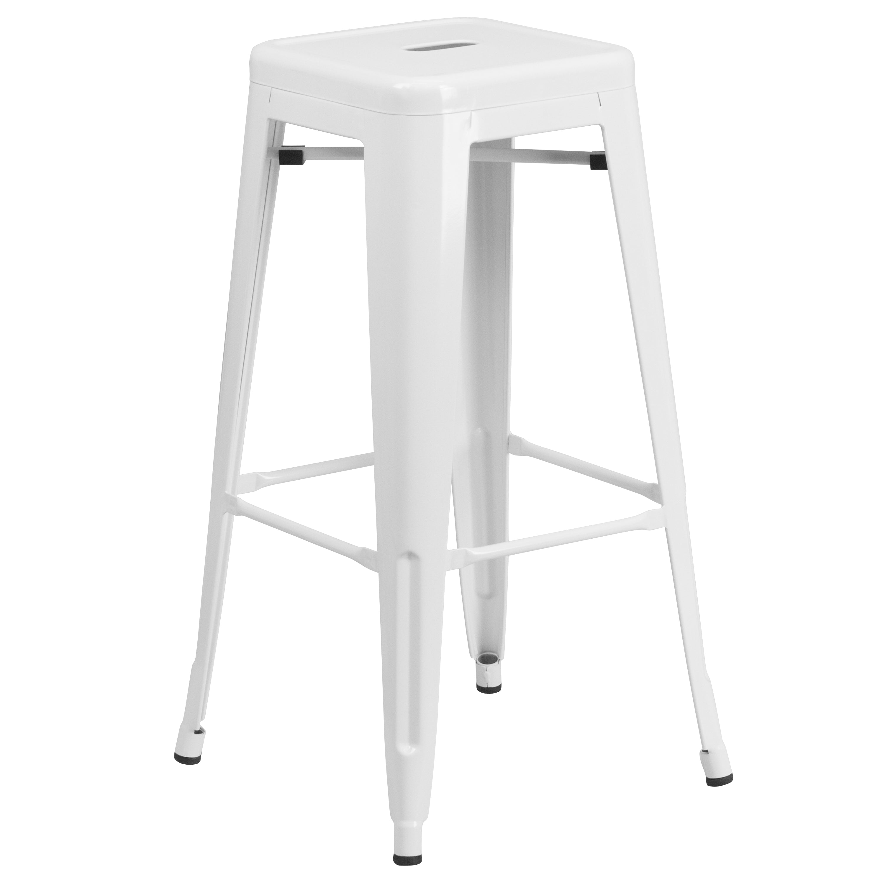 Ormsby Commercial Grade 24" Round White Metal Indoor-Outdoor Bar Table Set with 4 Square Seat Backless Stools