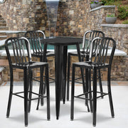 Richard Commercial Grade 24" Round Black Metal Indoor-Outdoor Bar Table Set with 4 Vertical Slat Back Stools