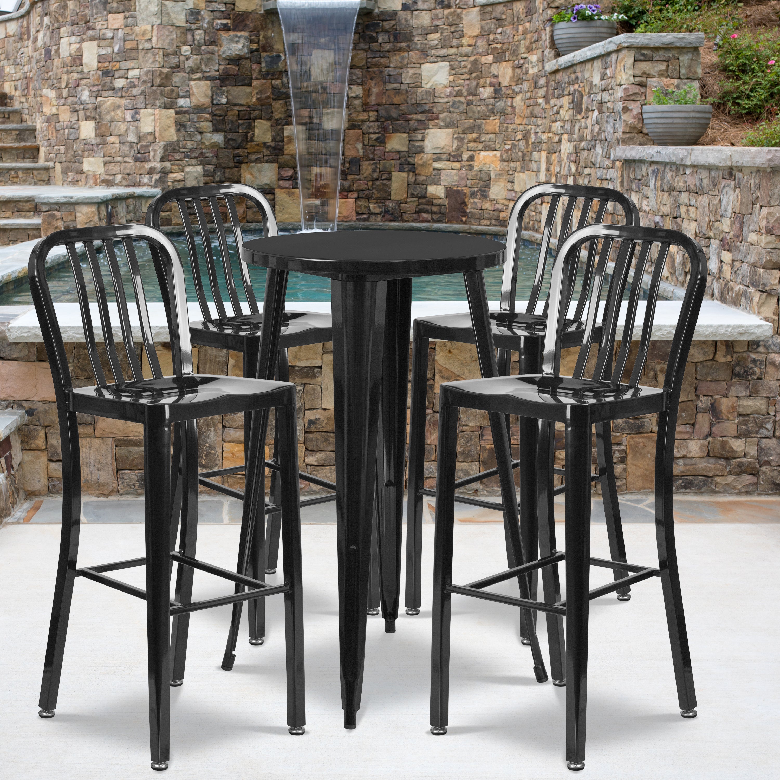 Richard Commercial Grade 24" Round Black Metal Indoor-Outdoor Bar Table Set with 4 Vertical Slat Back Stools