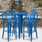 Richard Commercial Grade 24" Round Blue Metal Indoor-Outdoor Bar Table Set with 4 Vertical Slat Back Stools