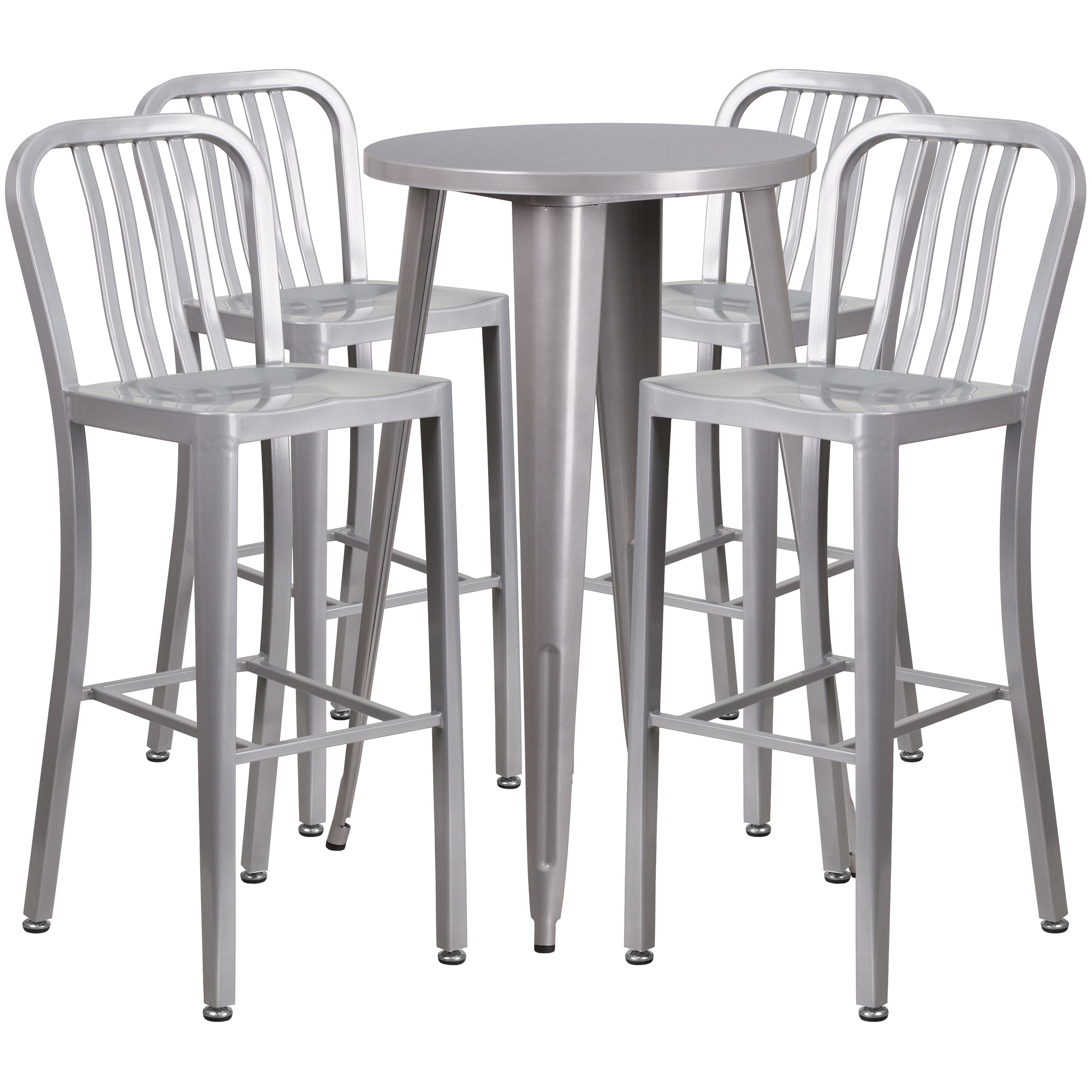 Richard Commercial Grade 24" Round Silver Metal Indoor-Outdoor Bar Table Set with 4 Vertical Slat Back Stools
