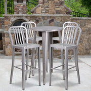 Richard Commercial Grade 24" Round Silver Metal Indoor-Outdoor Bar Table Set with 4 Vertical Slat Back Stools