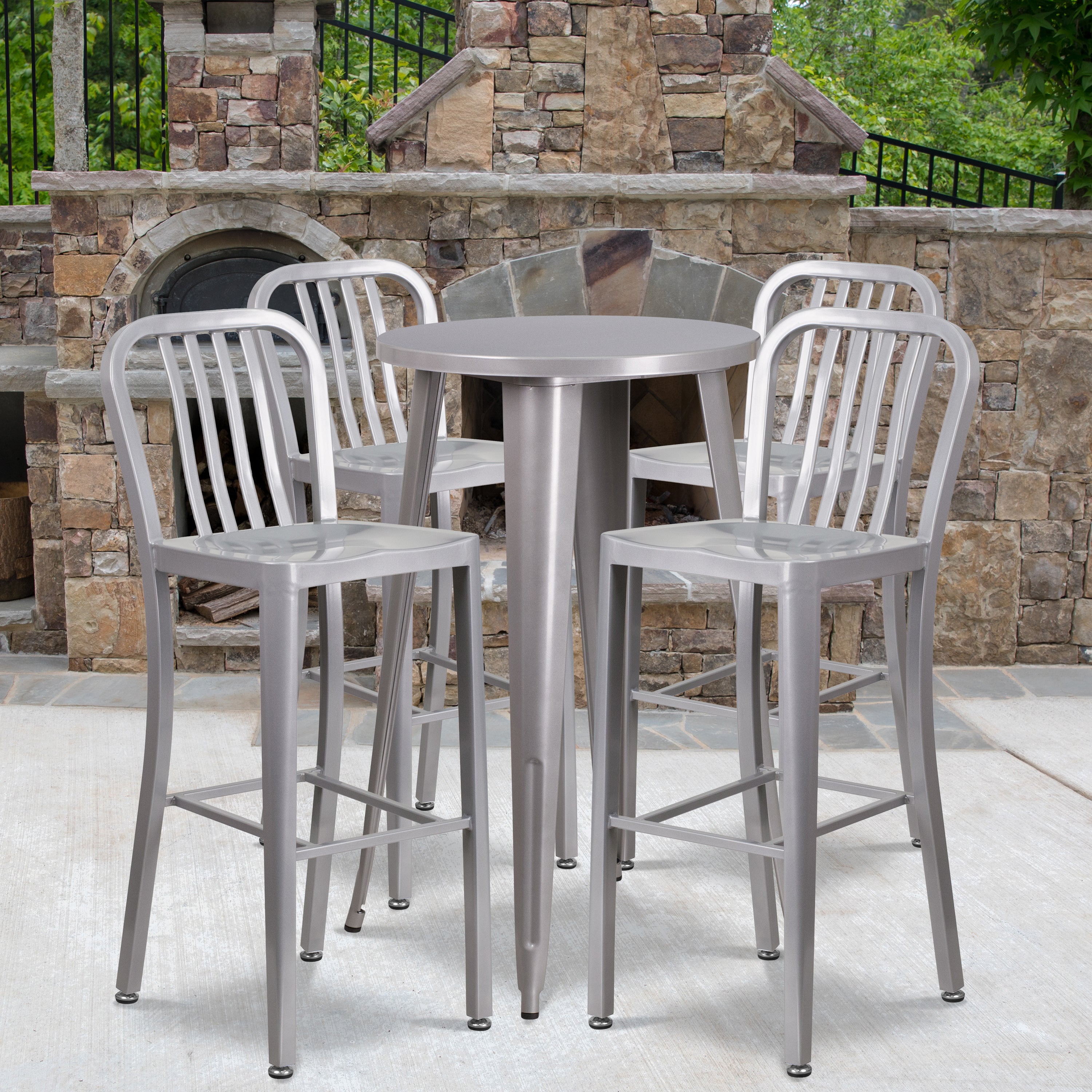 Richard Commercial Grade 24" Round Silver Metal Indoor-Outdoor Bar Table Set with 4 Vertical Slat Back Stools