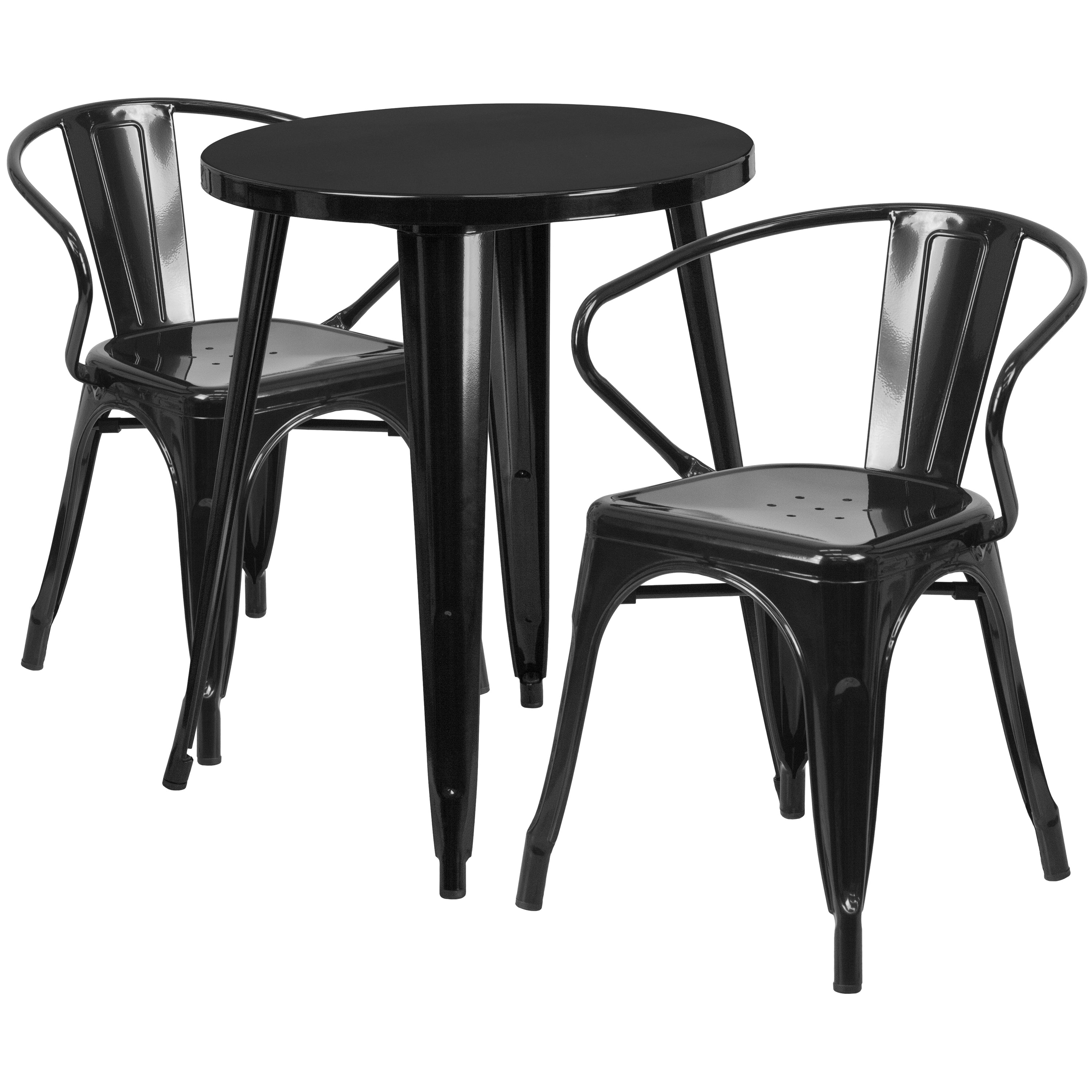 Napoleon Commercial Grade 24" Round Black Metal Indoor-Outdoor Table Set with 2 Arm Chairs
