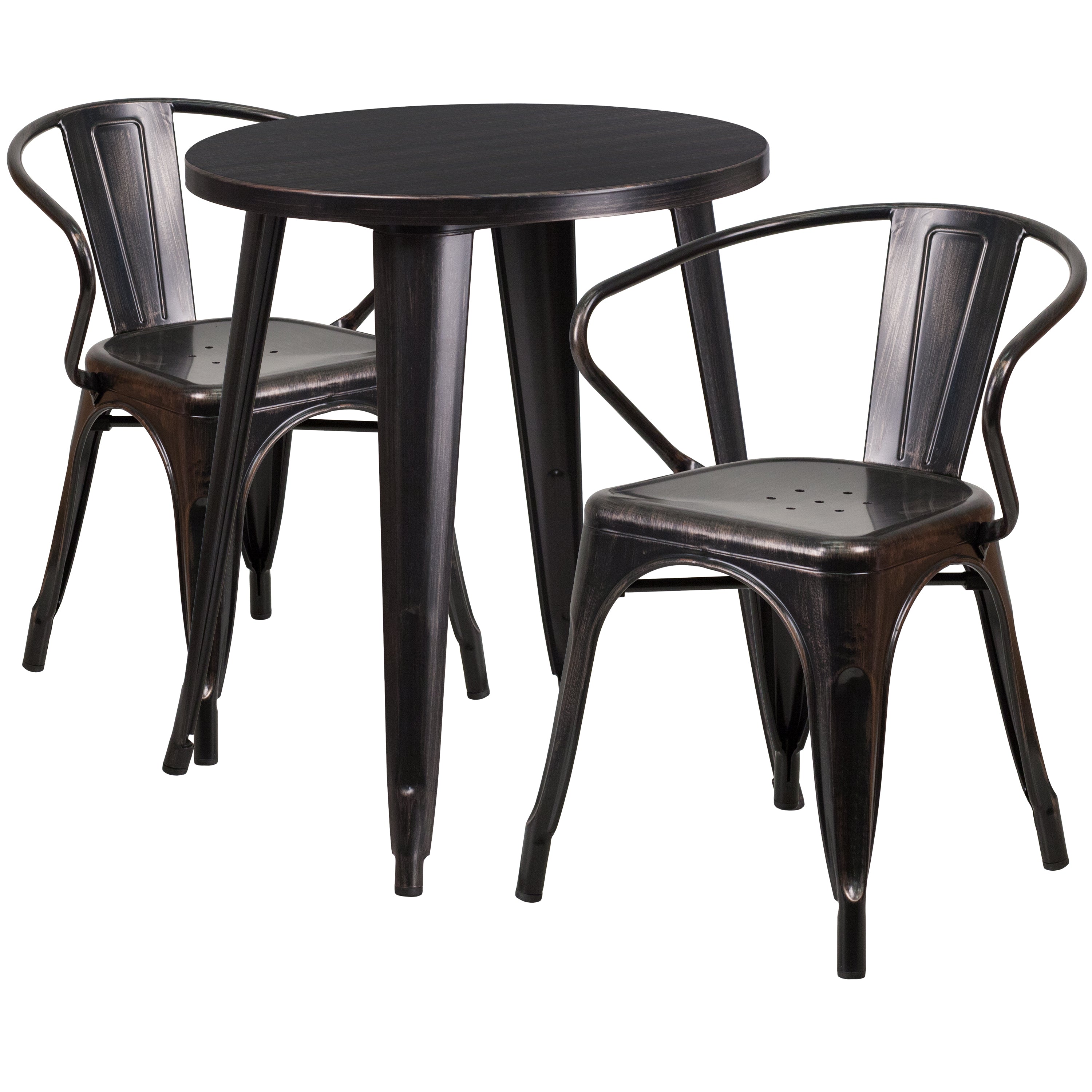 Napoleon Commercial Grade 24" Round Black-Antique Gold Metal Indoor-Outdoor Table Set with 2 Arm Chairs