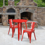Napoleon Commercial Grade 24" Round Red Metal Indoor-Outdoor Table Set with 2 Arm Chairs