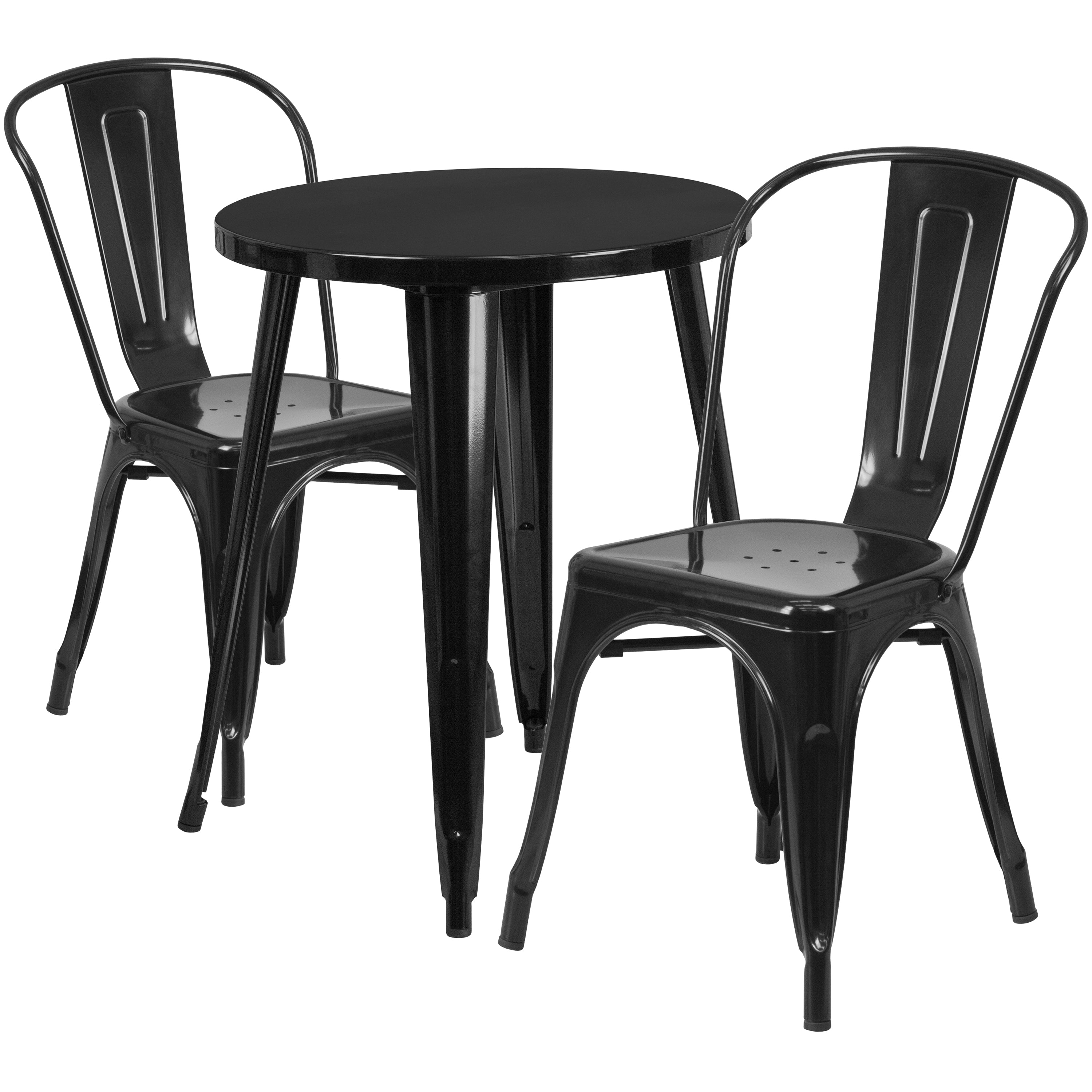 Napoleon Commercial Grade 24" Round Black Metal Indoor-Outdoor Table Set with 2 Cafe Chairs