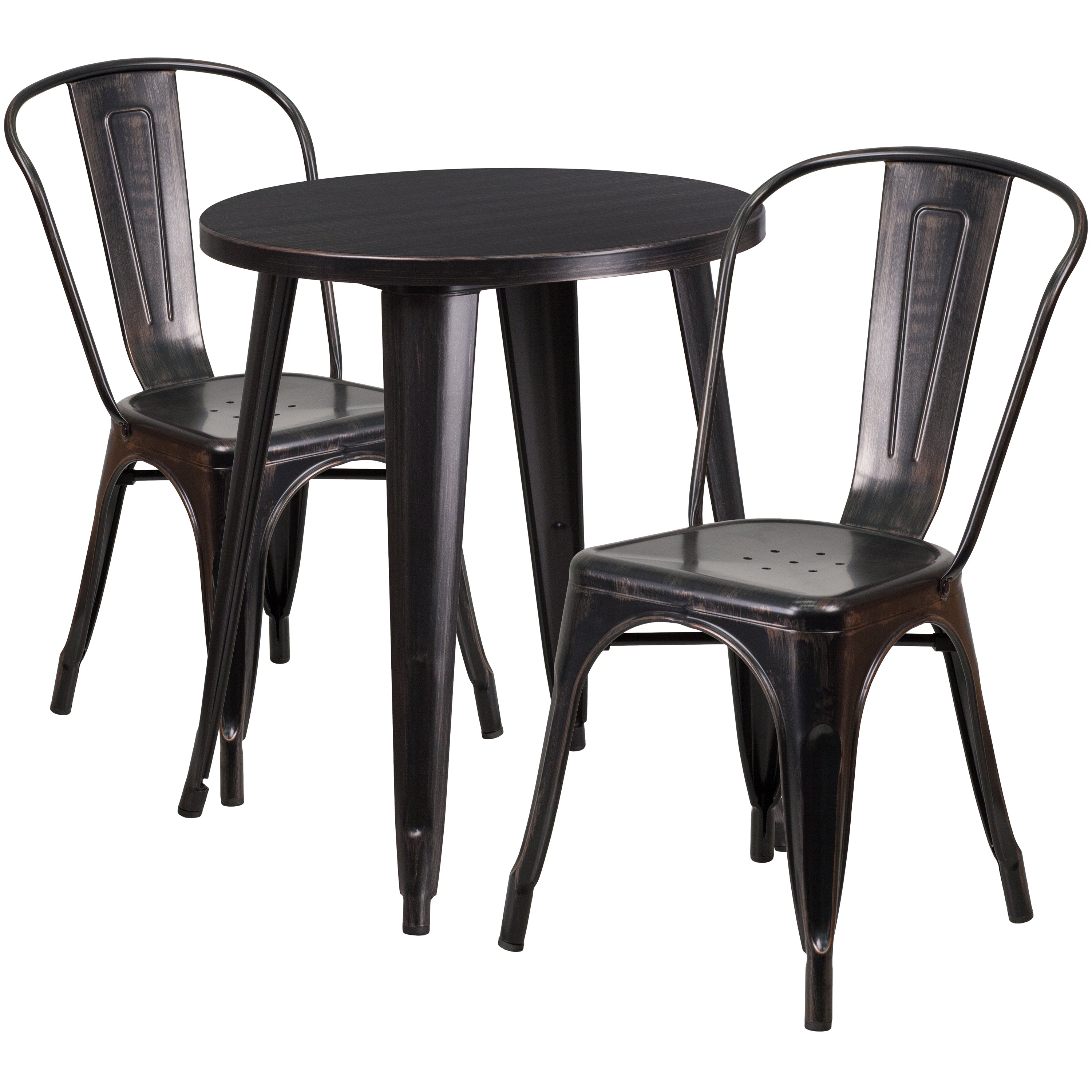 Napoleon Commercial Grade 24" Round Black-Antique Gold Metal Indoor-Outdoor Table Set with 2 Cafe Chairs