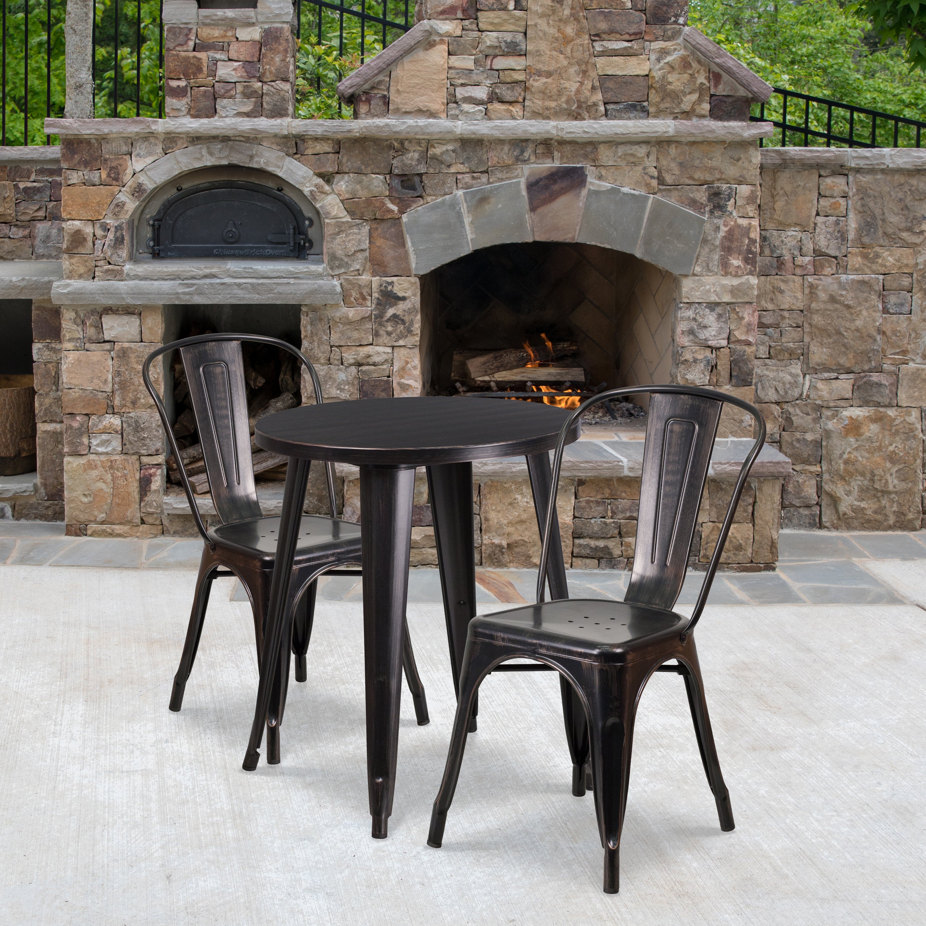 Napoleon Commercial Grade 24" Round Black-Antique Gold Metal Indoor-Outdoor Table Set with 2 Cafe Chairs