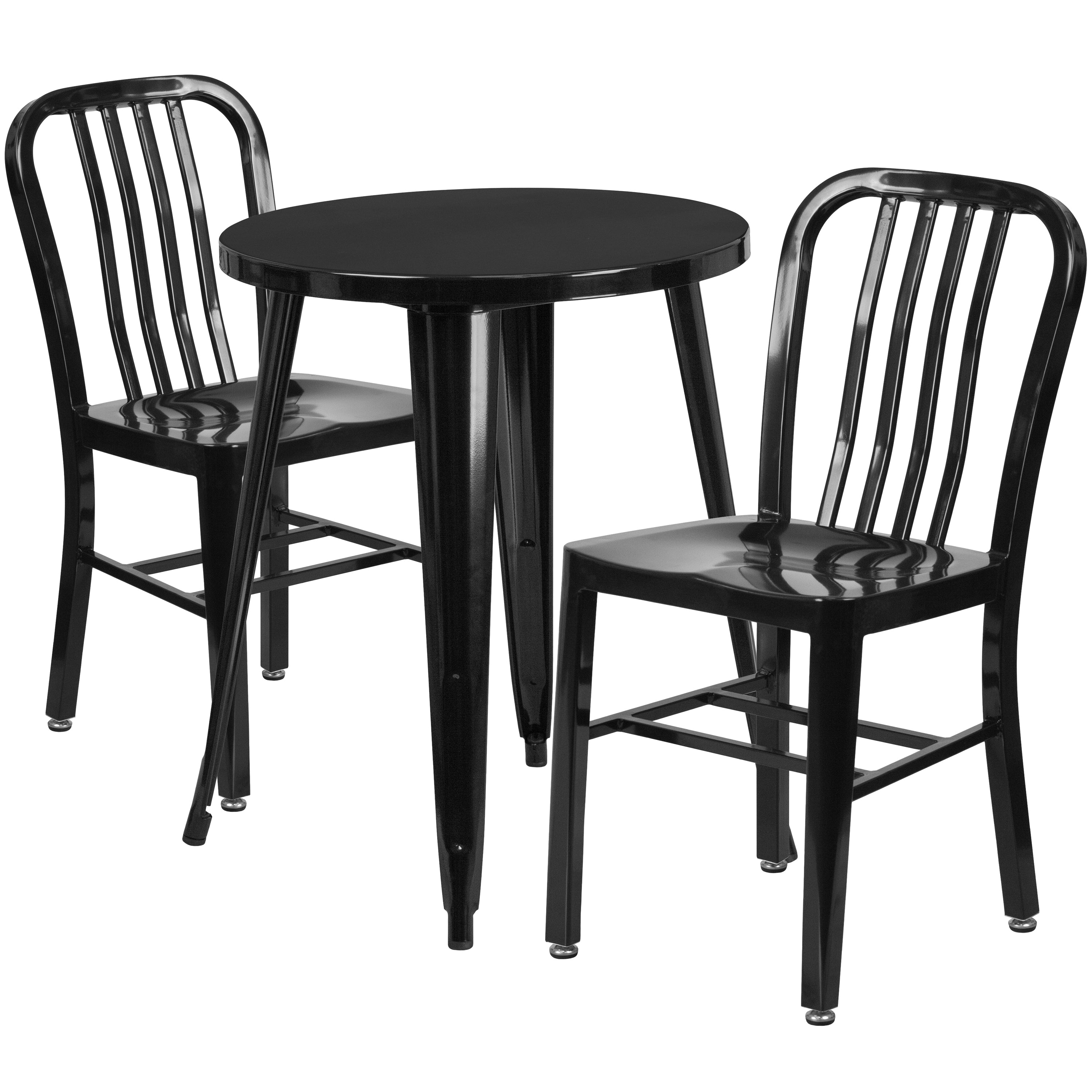 Napoleon Commercial Grade 24" Round Black Metal Indoor-Outdoor Table Set with 2 Vertical Slat Back Chairs