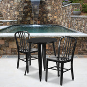 Napoleon Commercial Grade 24" Round Black Metal Indoor-Outdoor Table Set with 2 Vertical Slat Back Chairs