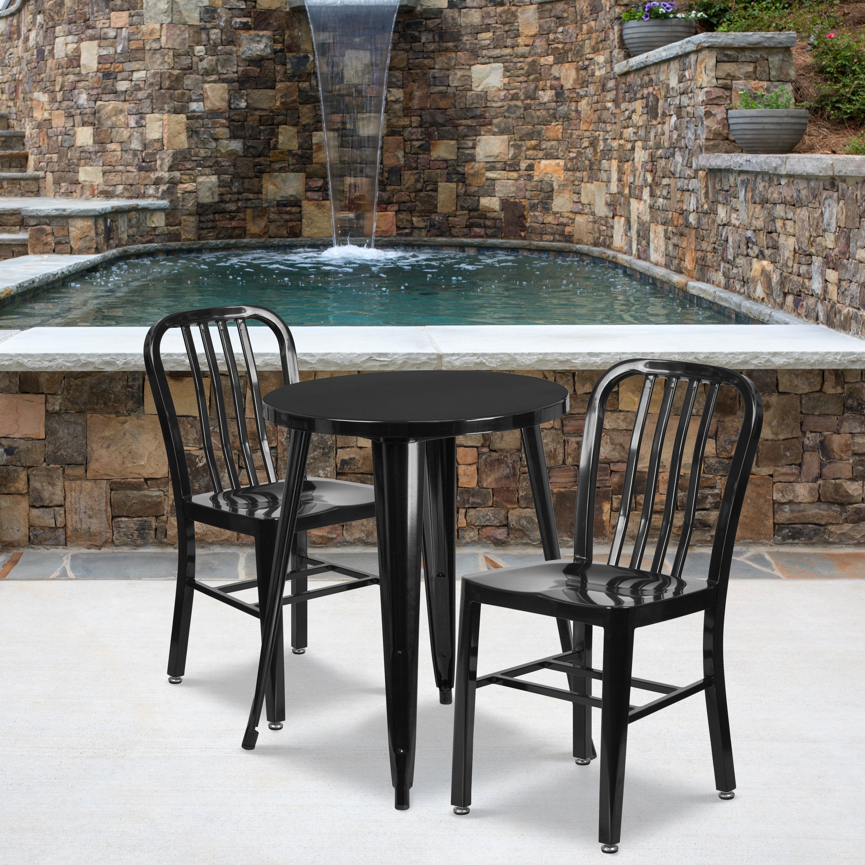 Napoleon Commercial Grade 24" Round Black Metal Indoor-Outdoor Table Set with 2 Vertical Slat Back Chairs