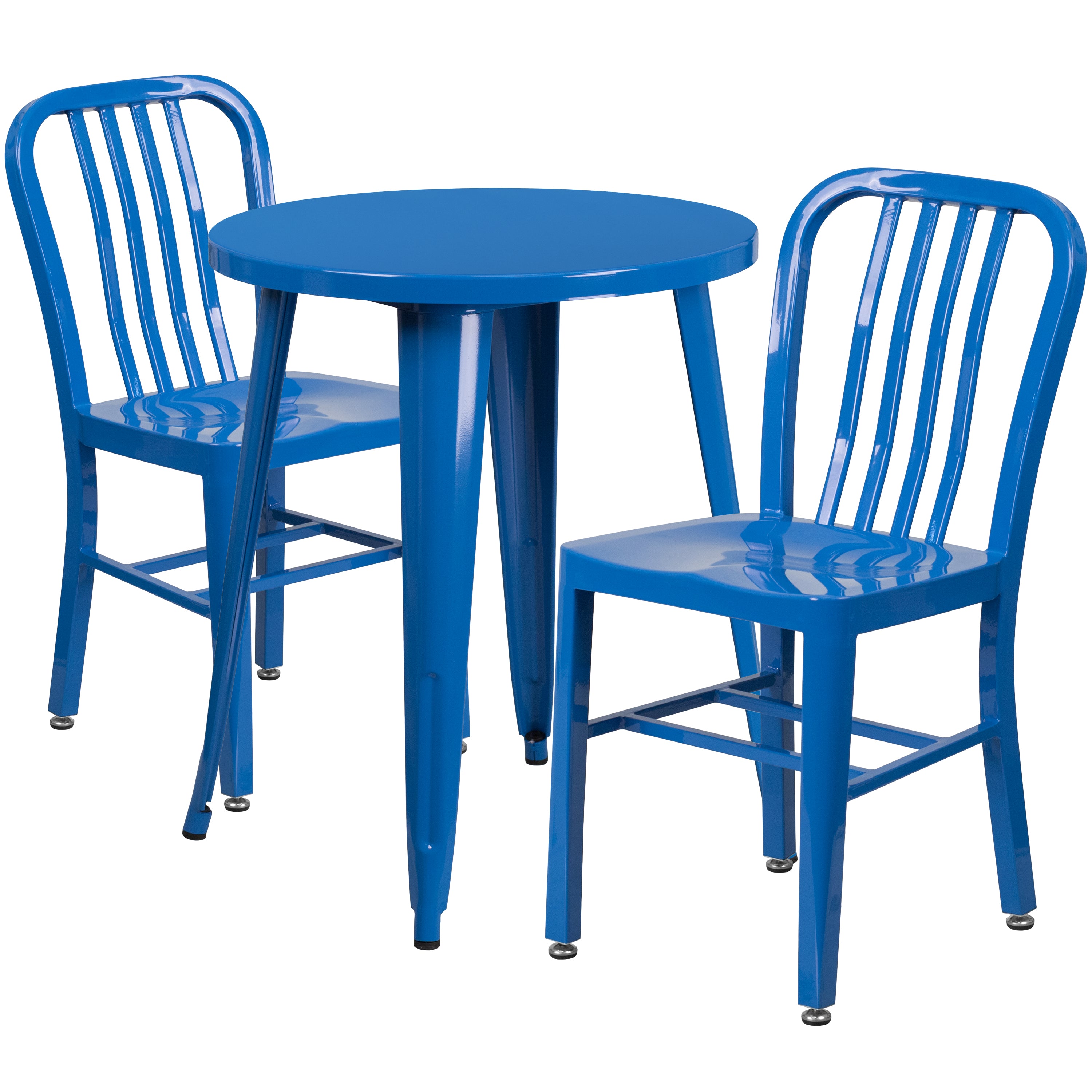 Napoleon Commercial Grade 24" Round Blue Metal Indoor-Outdoor Table Set with 2 Vertical Slat Back Chairs
