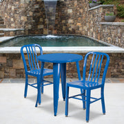 Napoleon Commercial Grade 24" Round Blue Metal Indoor-Outdoor Table Set with 2 Vertical Slat Back Chairs