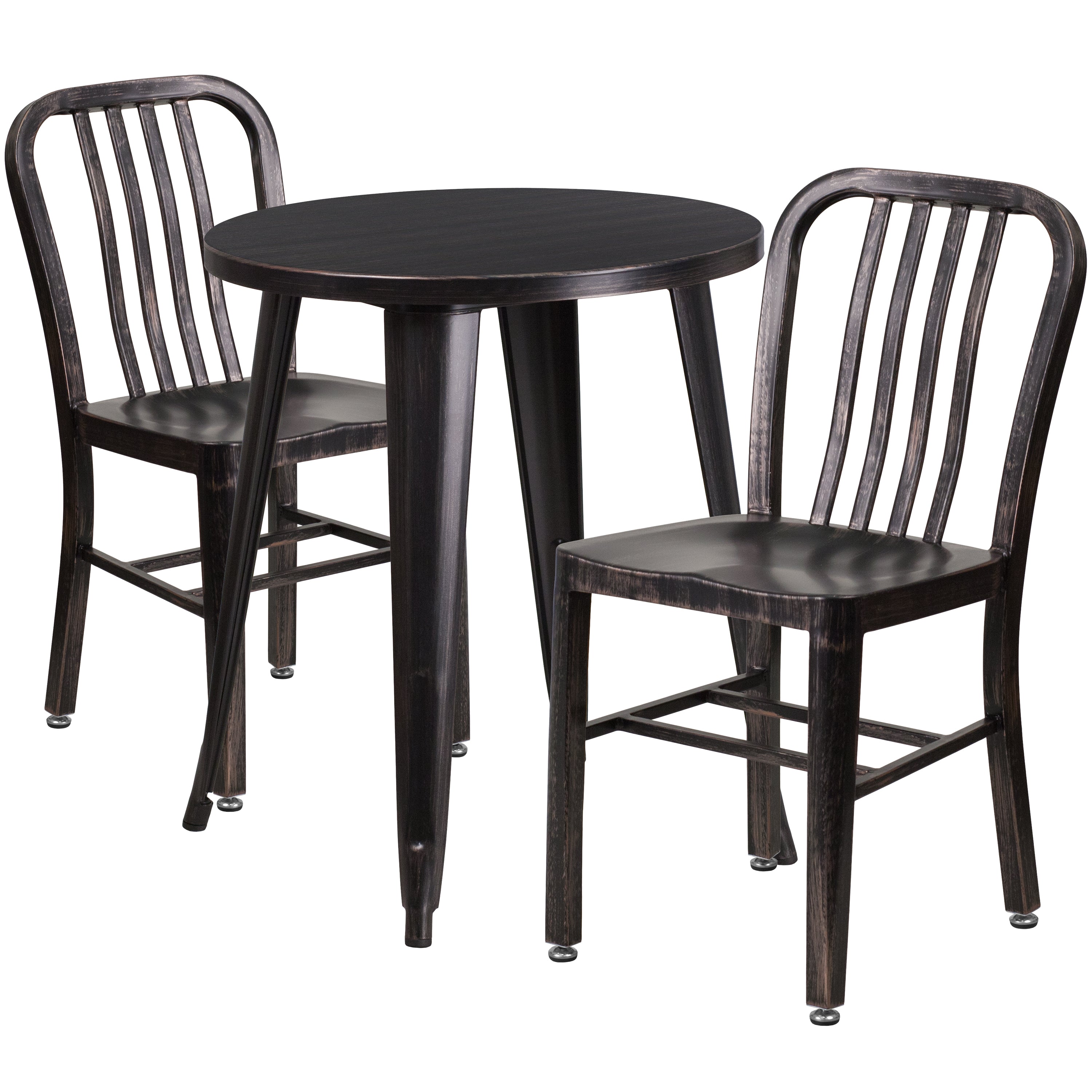 Napoleon Commercial Grade 24" Round Black-Antique Gold Metal Indoor-Outdoor Table Set with 2 Vertical Slat Back Chairs