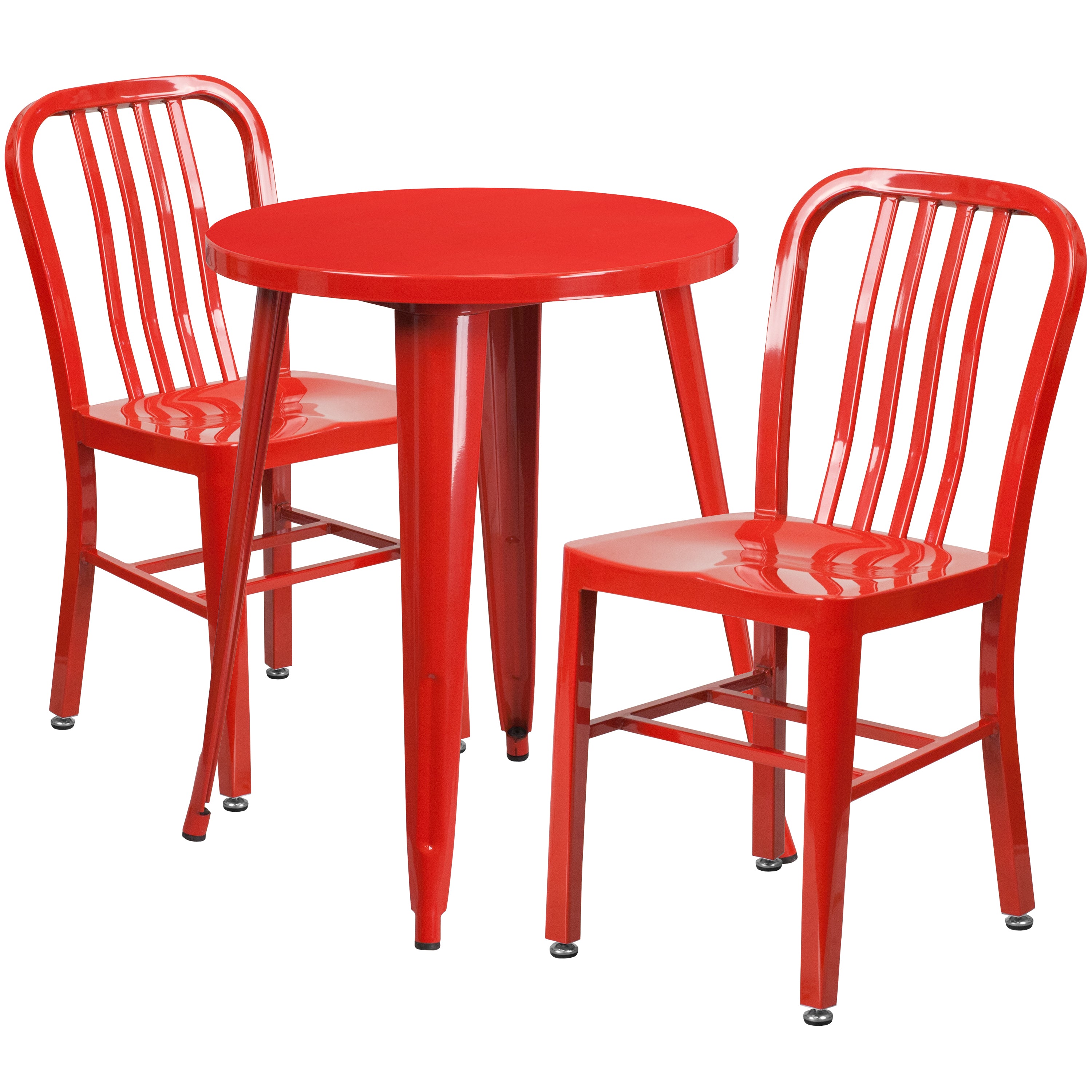 Napoleon Commercial Grade 24" Round Red Metal Indoor-Outdoor Table Set with 2 Vertical Slat Back Chairs