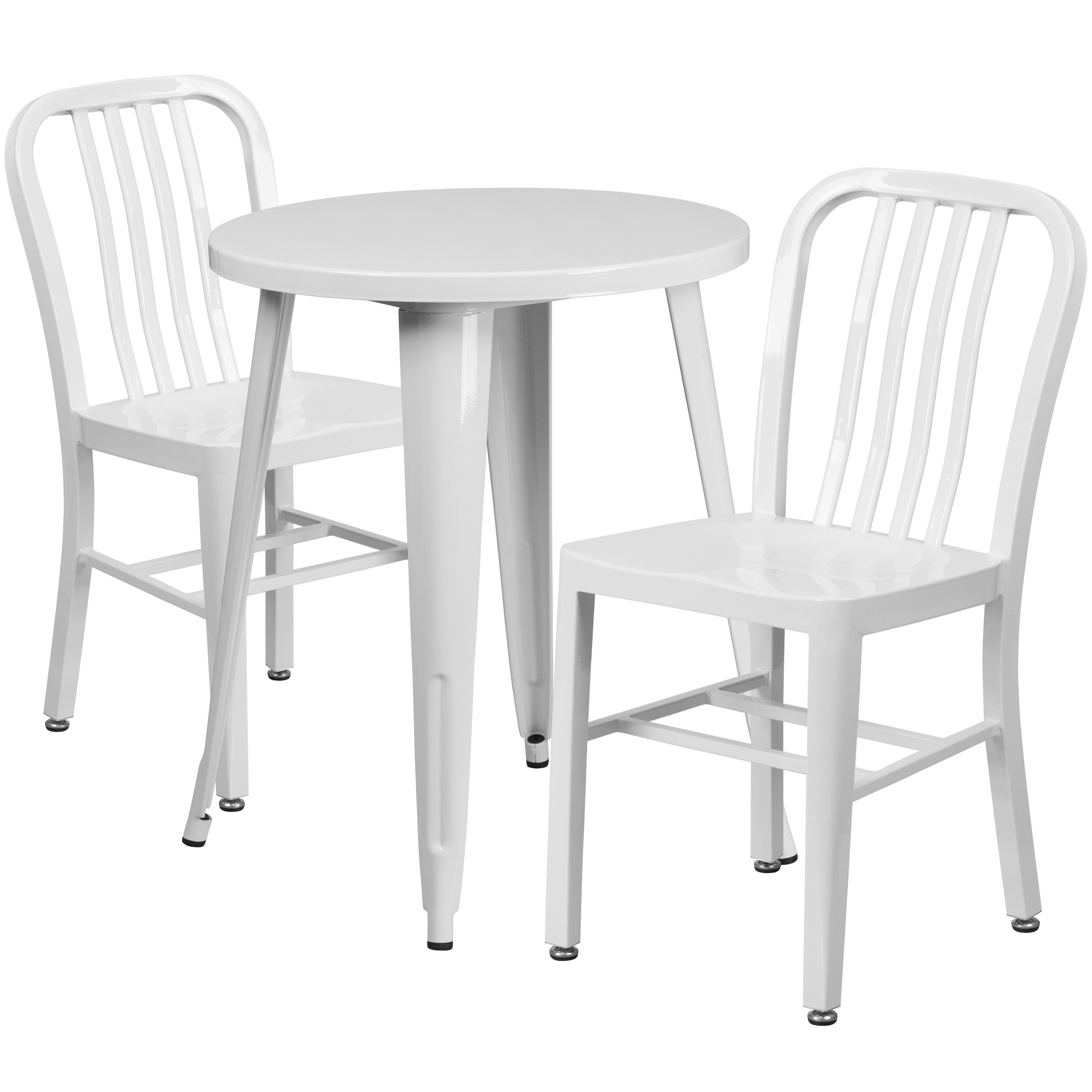 Napoleon Commercial Grade 24" Round White Metal Indoor-Outdoor Table Set with 2 Vertical Slat Back Chairs