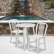 Napoleon Commercial Grade 24" Round White Metal Indoor-Outdoor Table Set with 2 Vertical Slat Back Chairs
