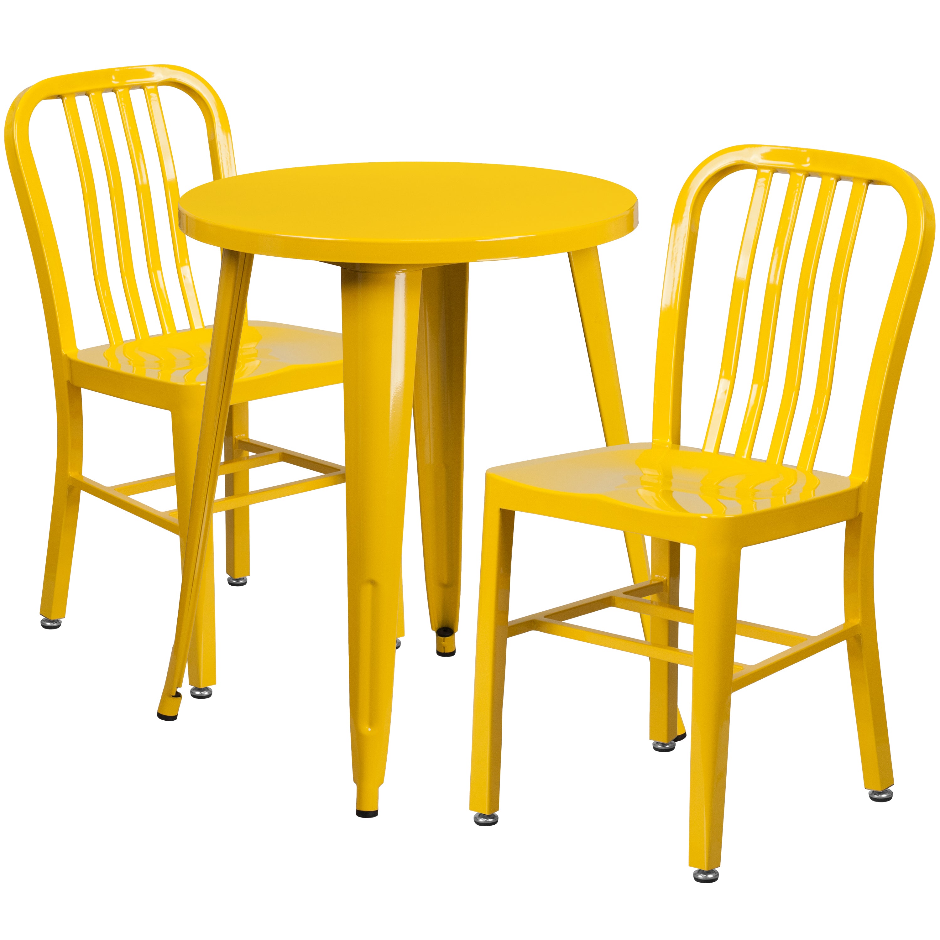 Napoleon Commercial Grade 24" Round Yellow Metal Indoor-Outdoor Table Set with 2 Vertical Slat Back Chairs