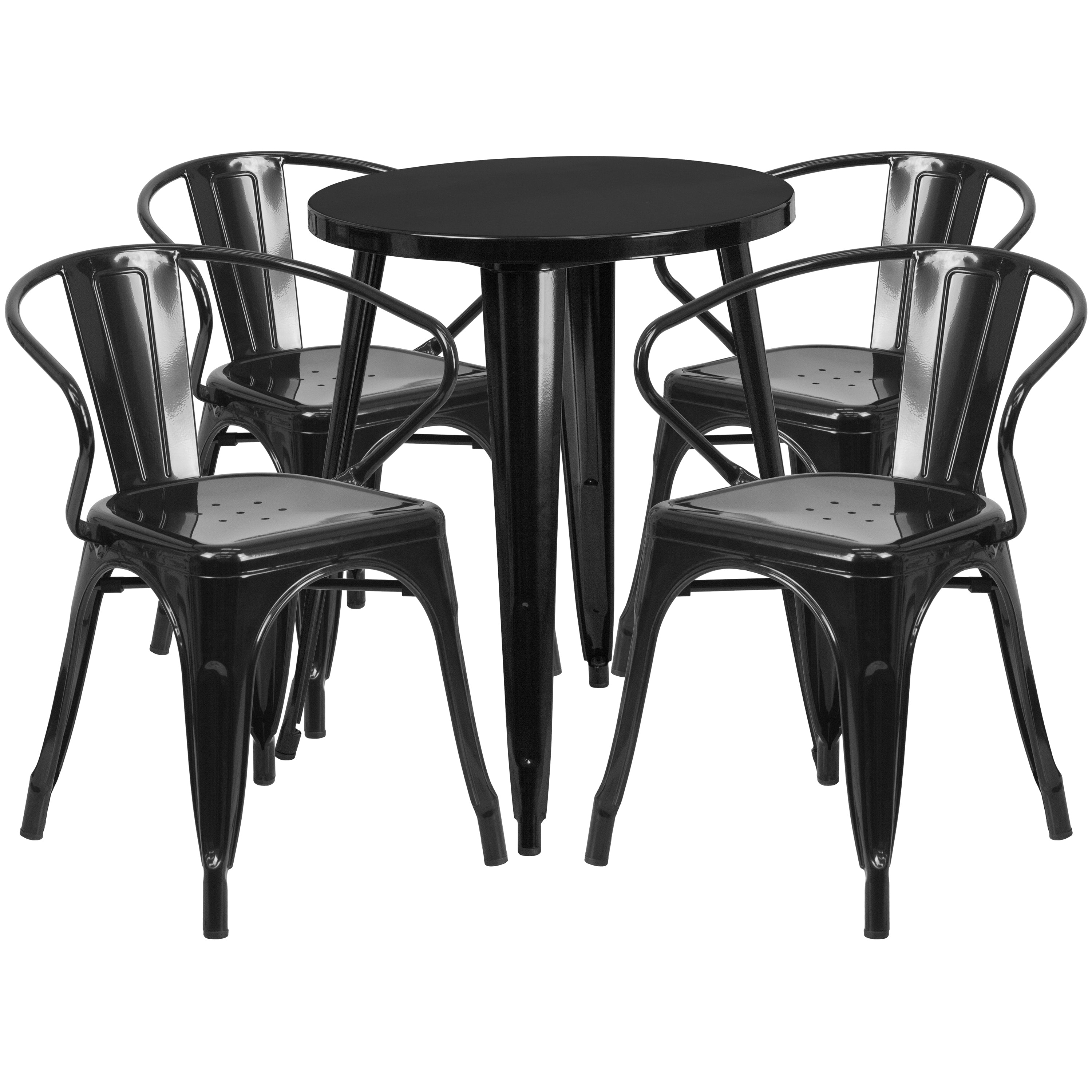 Chauncey Commercial Grade 24" Round Black Metal Indoor-Outdoor Table Set with 4 Arm Chairs