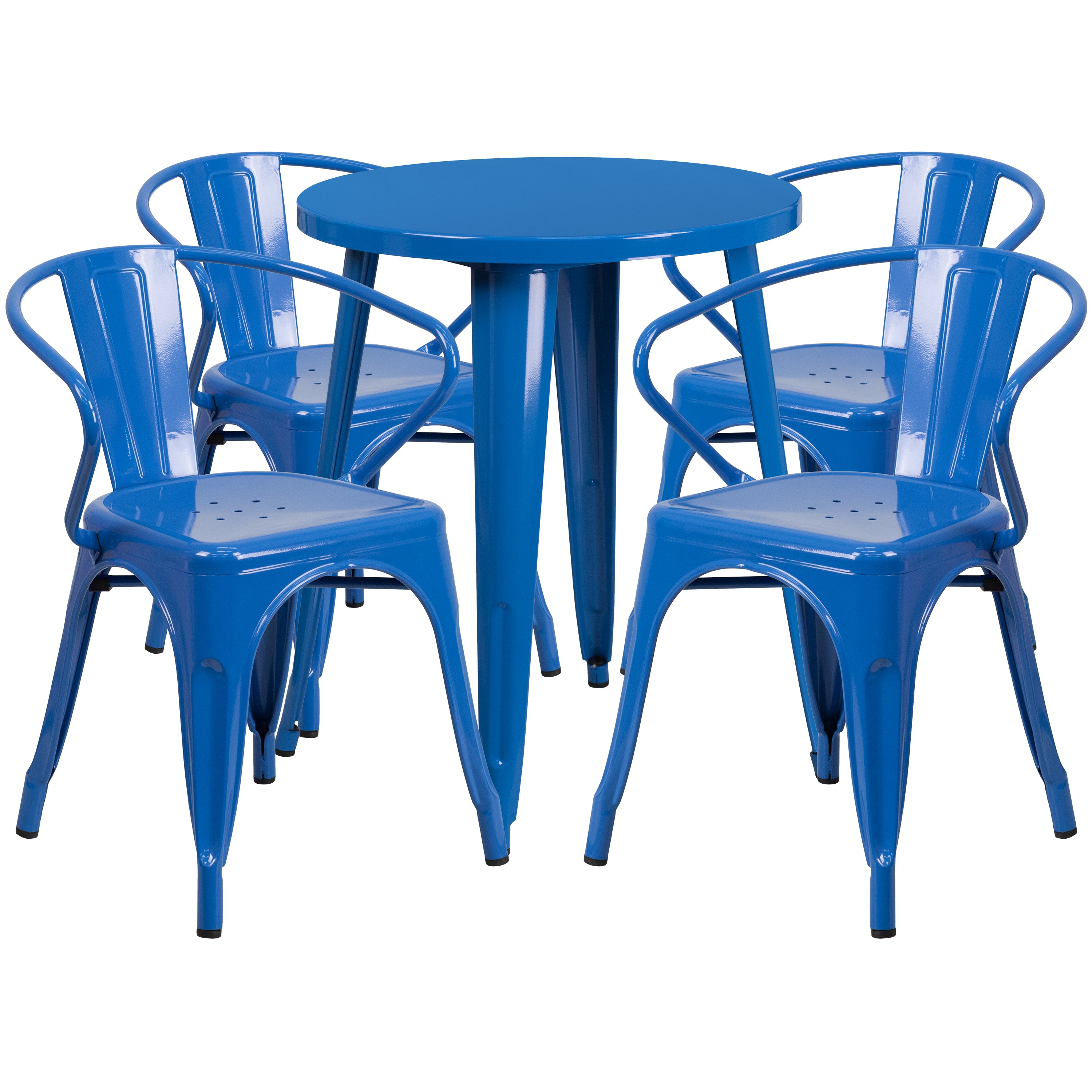 Chauncey Commercial Grade 24" Round Blue Metal Indoor-Outdoor Table Set with 4 Arm Chairs