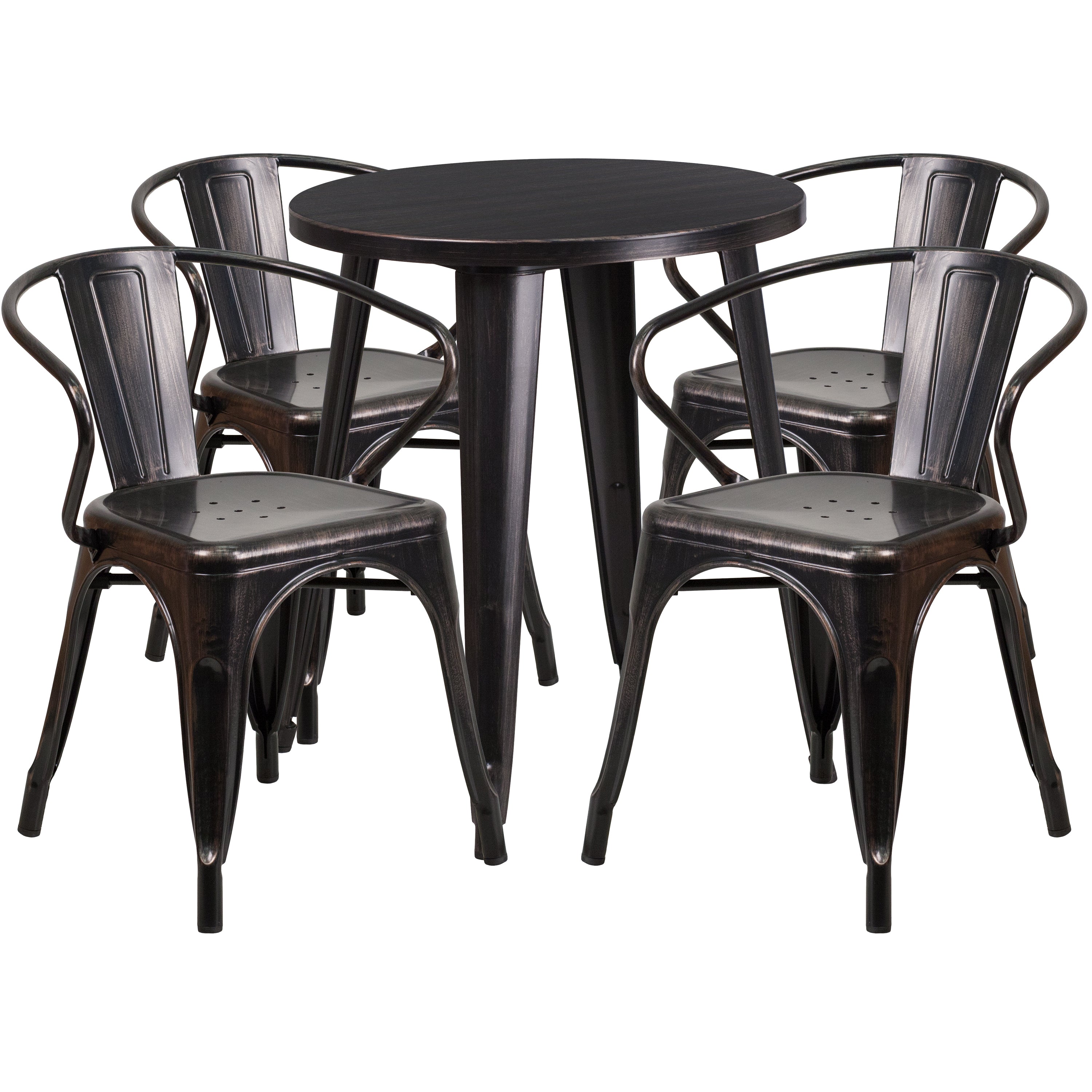 Chauncey Commercial Grade 24" Round Black-Antique Gold Metal Indoor-Outdoor Table Set with 4 Arm Chairs