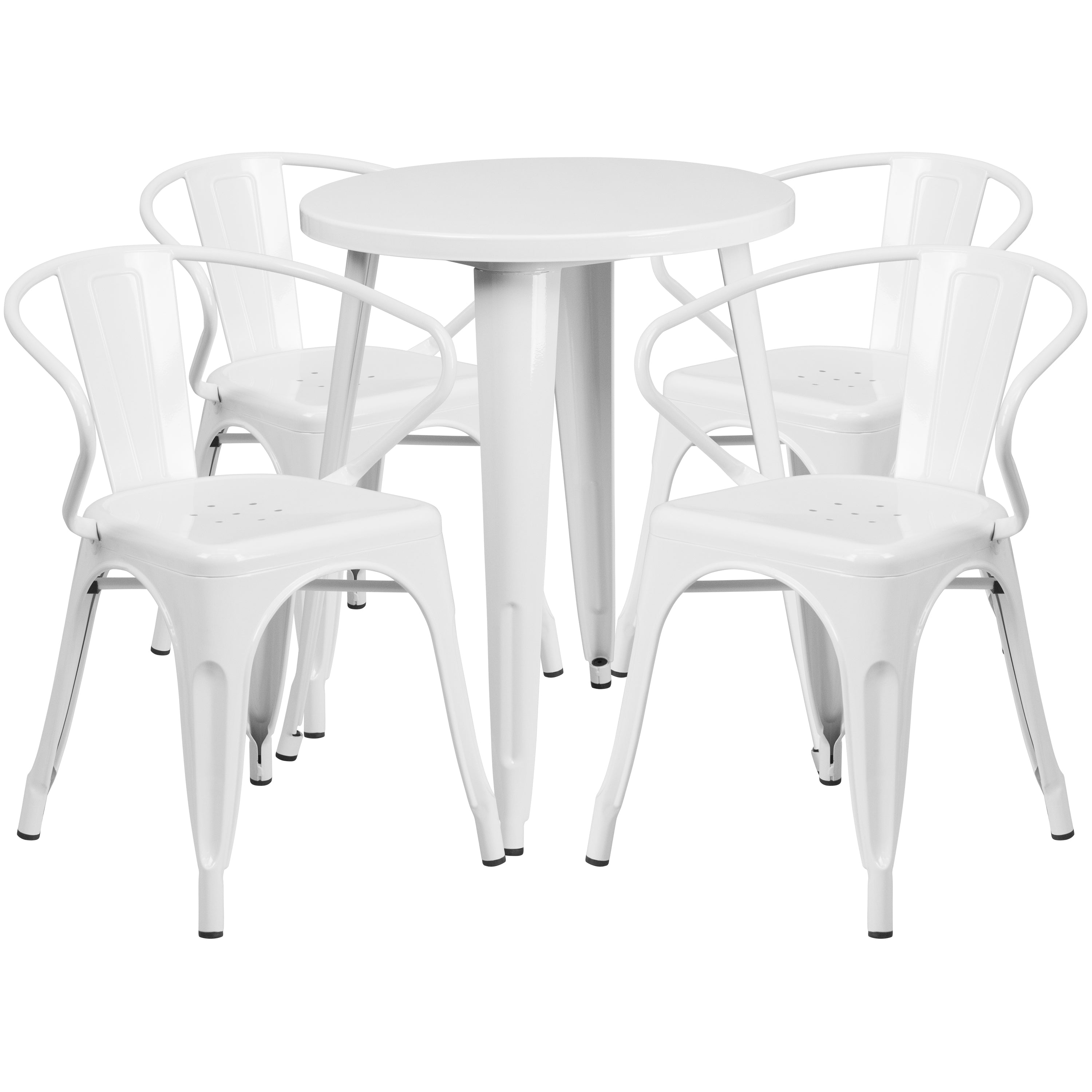 Chauncey Commercial Grade 24" Round White Metal Indoor-Outdoor Table Set with 4 Arm Chairs