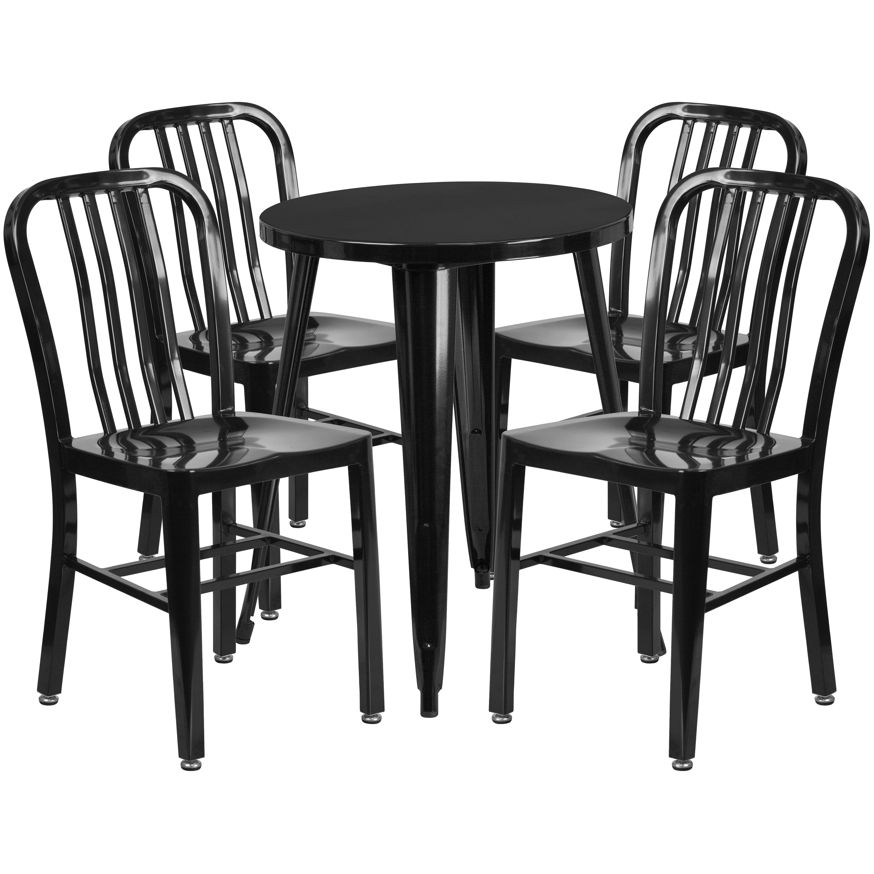 Thomas Commercial Grade 24" Round Black Metal Indoor-Outdoor Table Set with 4 Vertical Slat Back Chairs