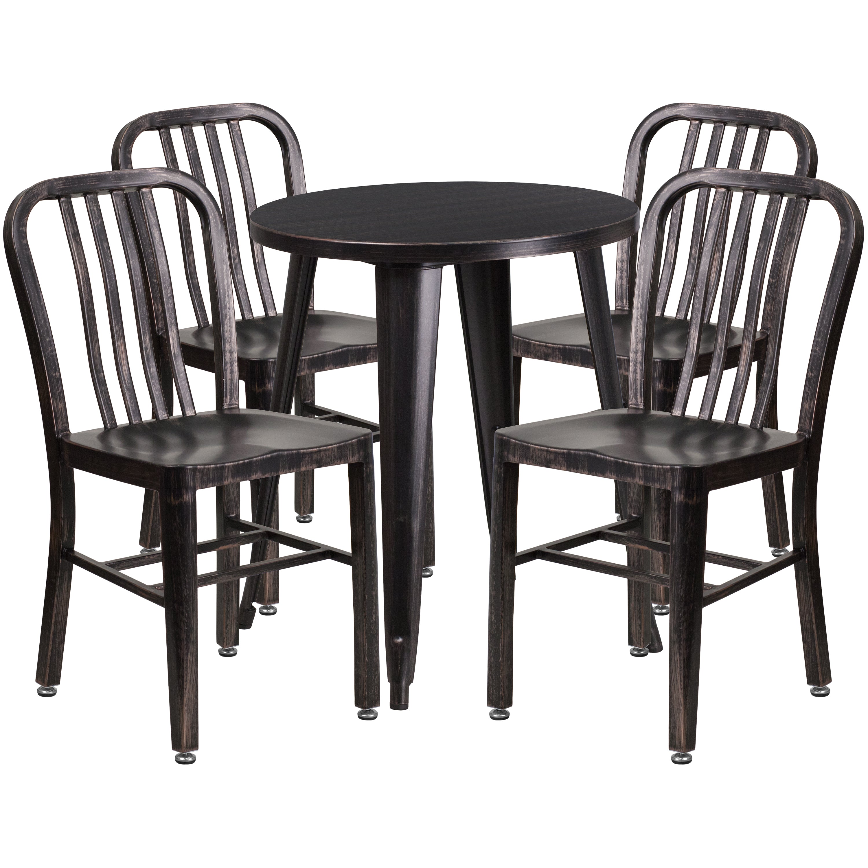 Thomas Commercial Grade 24" Round Black-Antique Gold Metal Indoor-Outdoor Table Set with 4 Vertical Slat Back Chairs