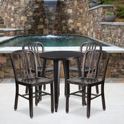 Thomas Commercial Grade 24" Round Black-Antique Gold Metal Indoor-Outdoor Table Set with 4 Vertical Slat Back Chairs