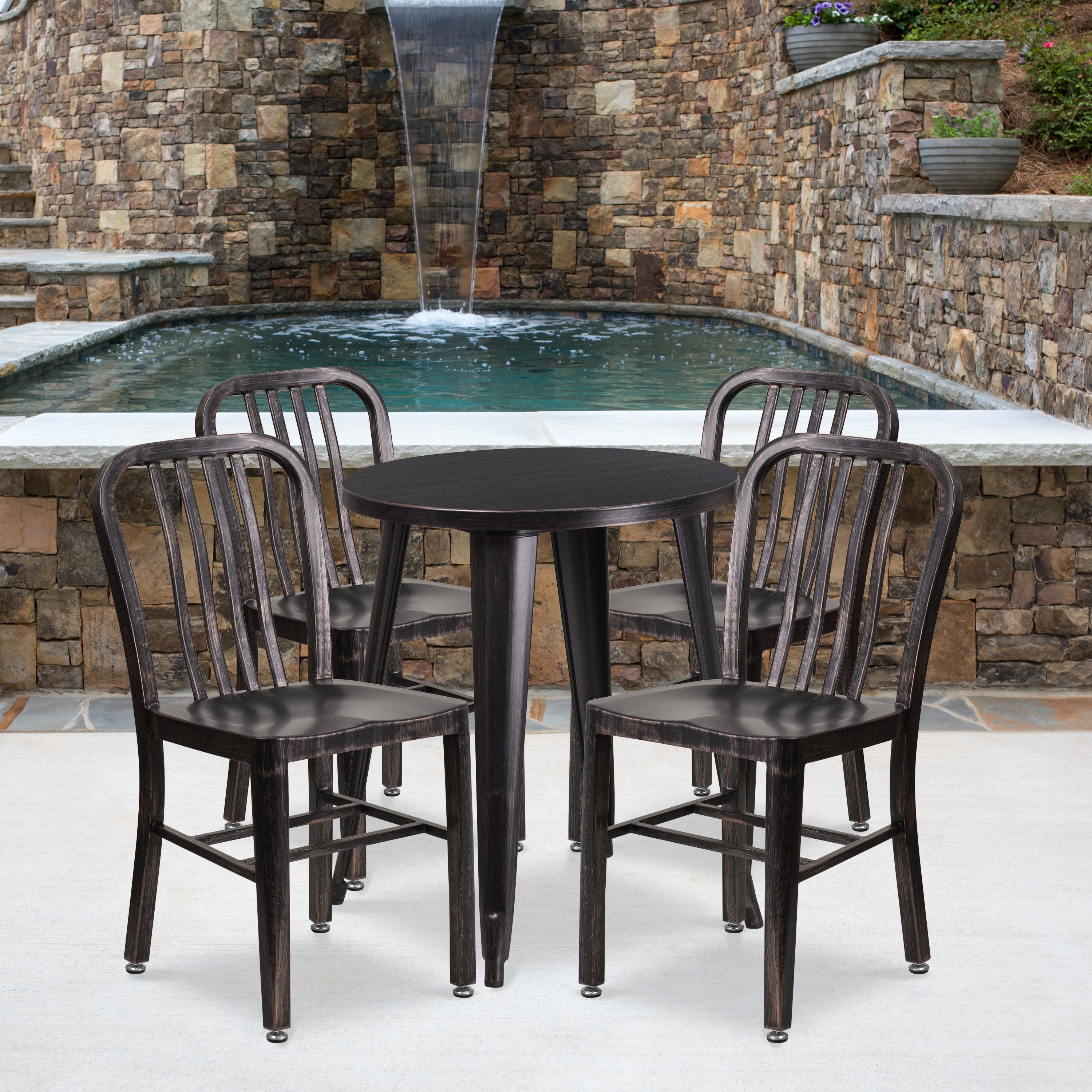 Thomas Commercial Grade 24" Round Black-Antique Gold Metal Indoor-Outdoor Table Set with 4 Vertical Slat Back Chairs