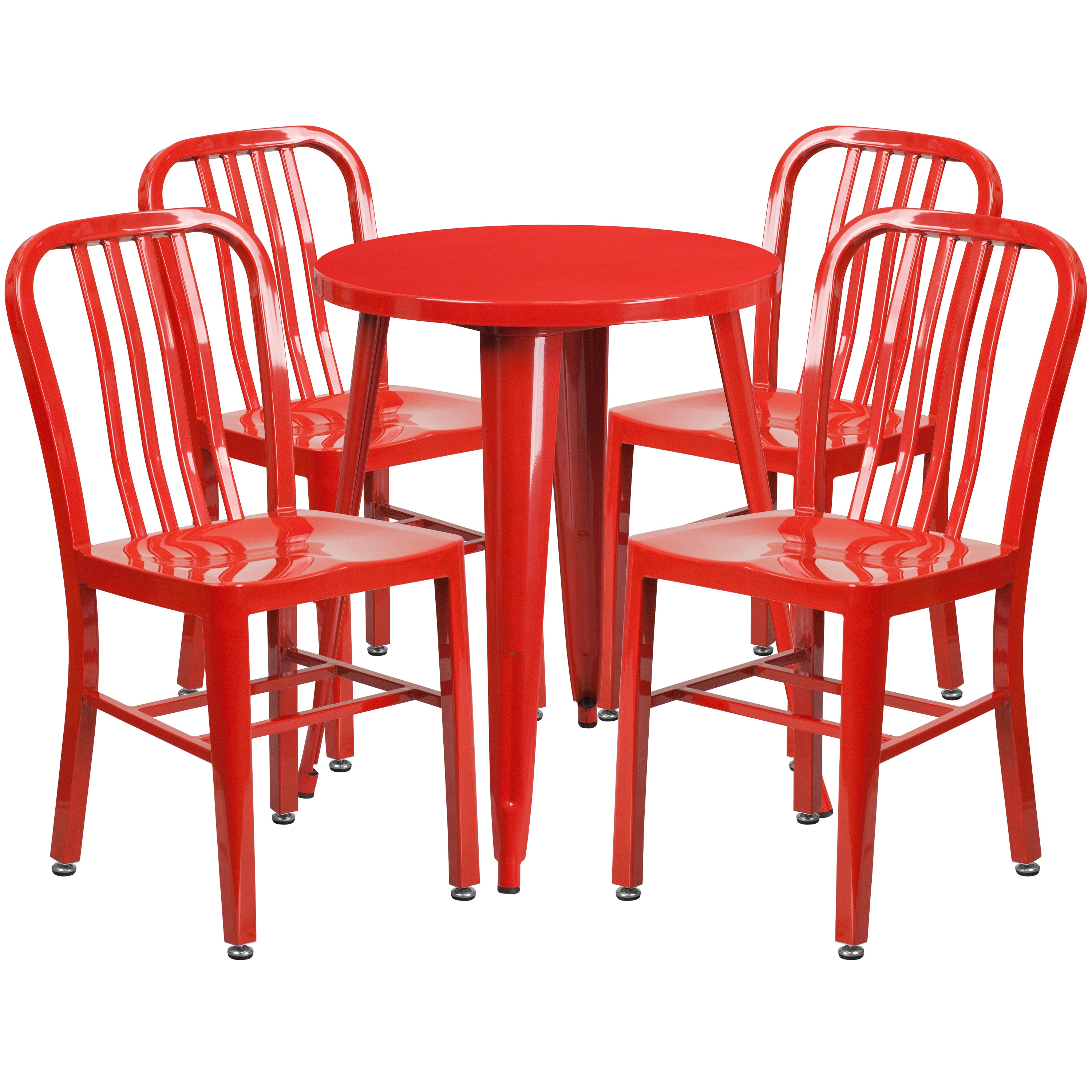 Thomas Commercial Grade 24" Round Red Metal Indoor-Outdoor Table Set with 4 Vertical Slat Back Chairs